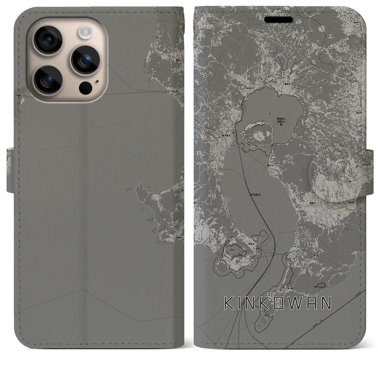 【錦江湾(鹿児島県)】地図柄iPhoneケース(手帳タイプ)モノトーン・iPhone 16 Plus 用