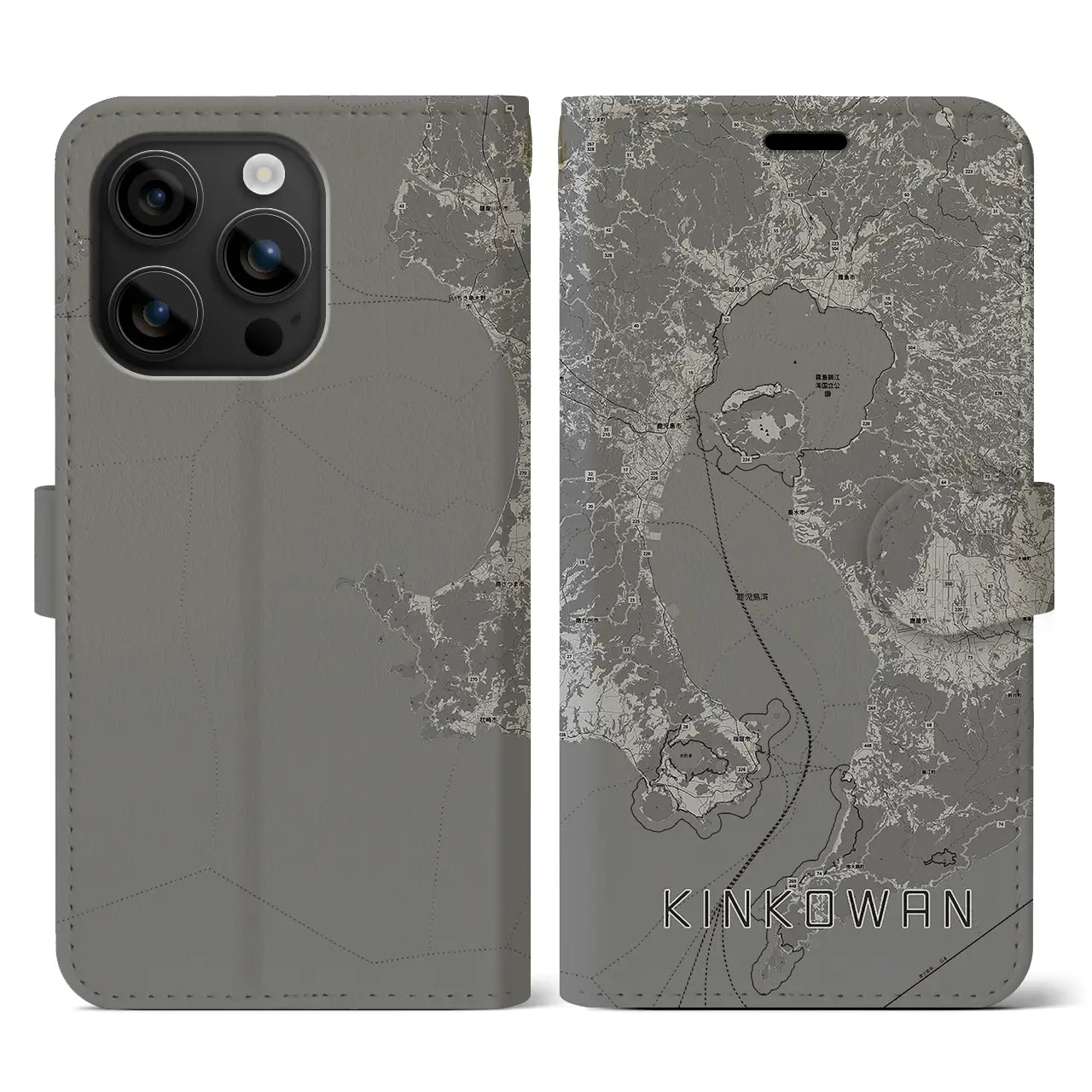 【錦江湾(鹿児島県)】地図柄iPhoneケース(手帳タイプ)モノトーン・iPhone 16 用
