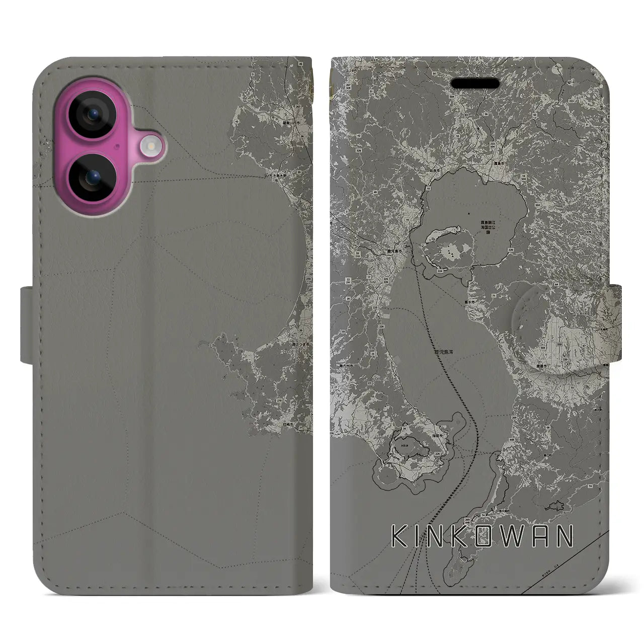 【錦江湾(鹿児島県)】地図柄iPhoneケース(手帳タイプ)モノトーン・iPhone 16 Pro 用