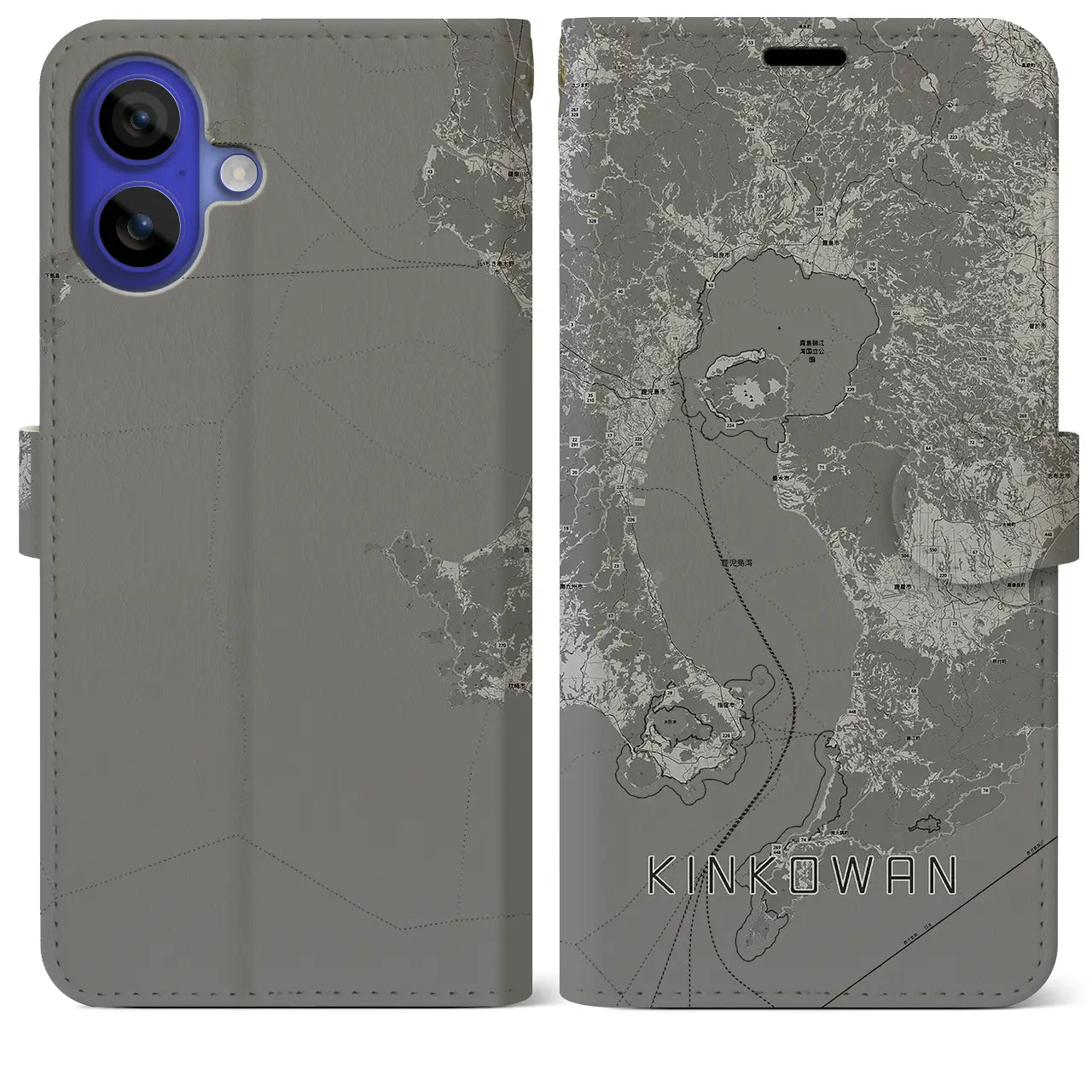 【錦江湾(鹿児島県)】地図柄iPhoneケース(手帳タイプ)モノトーン・iPhone 16 Pro Max 用