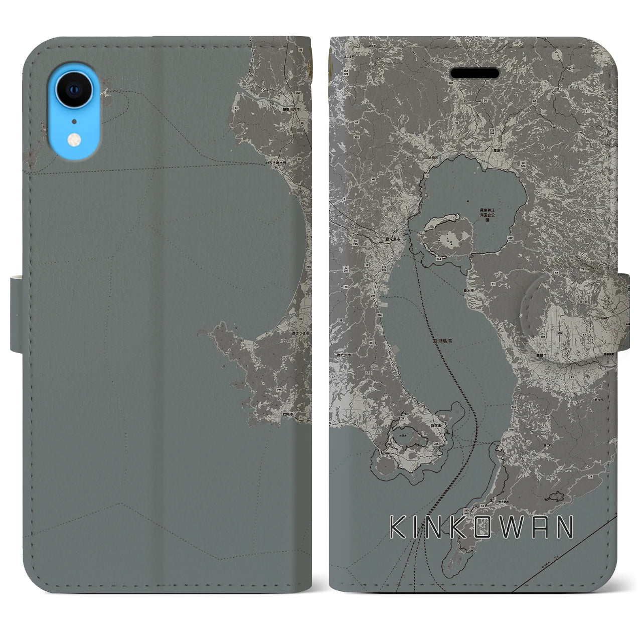【錦江湾(鹿児島県)】地図柄iPhoneケース(手帳タイプ)モノトーン・iPhone XR 用