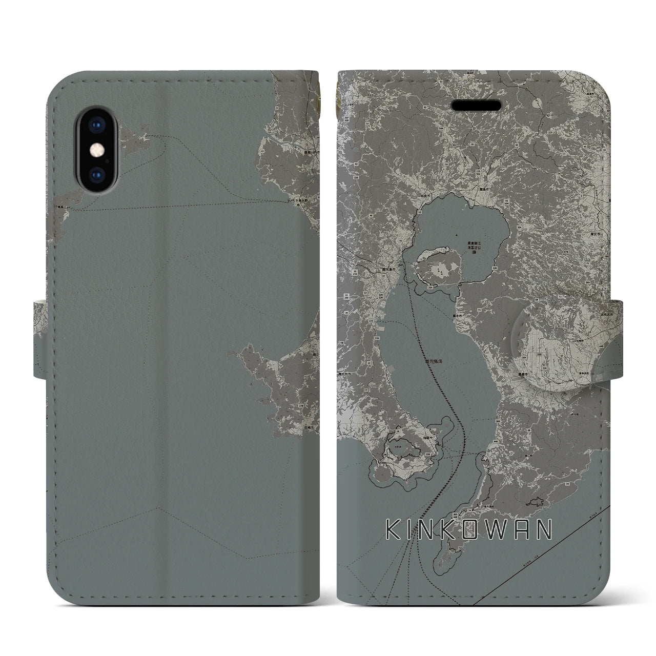 【錦江湾(鹿児島県)】地図柄iPhoneケース(手帳タイプ)モノトーン・iPhone XS / X 用