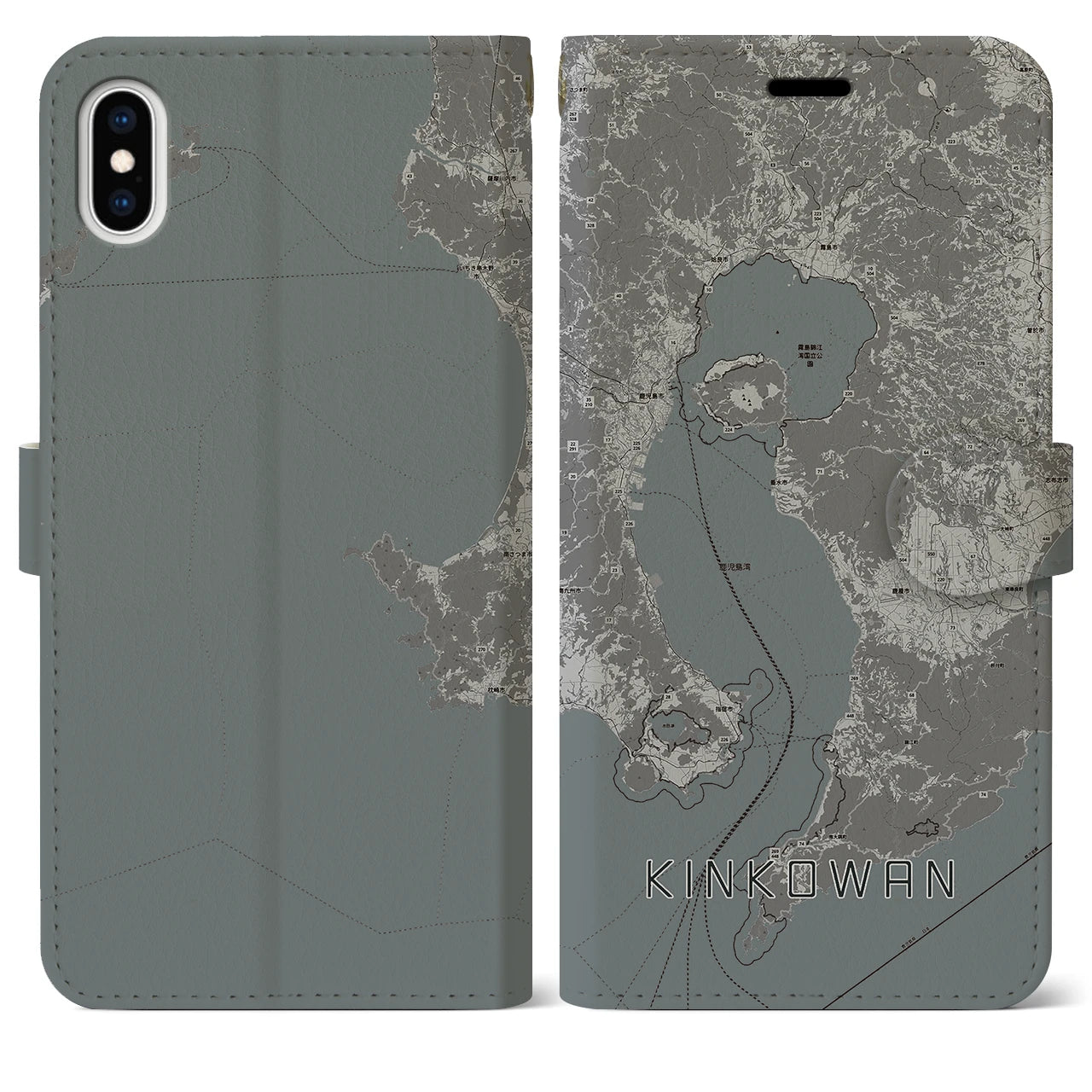 【錦江湾(鹿児島県)】地図柄iPhoneケース(手帳タイプ)モノトーン・iPhone XS Max 用