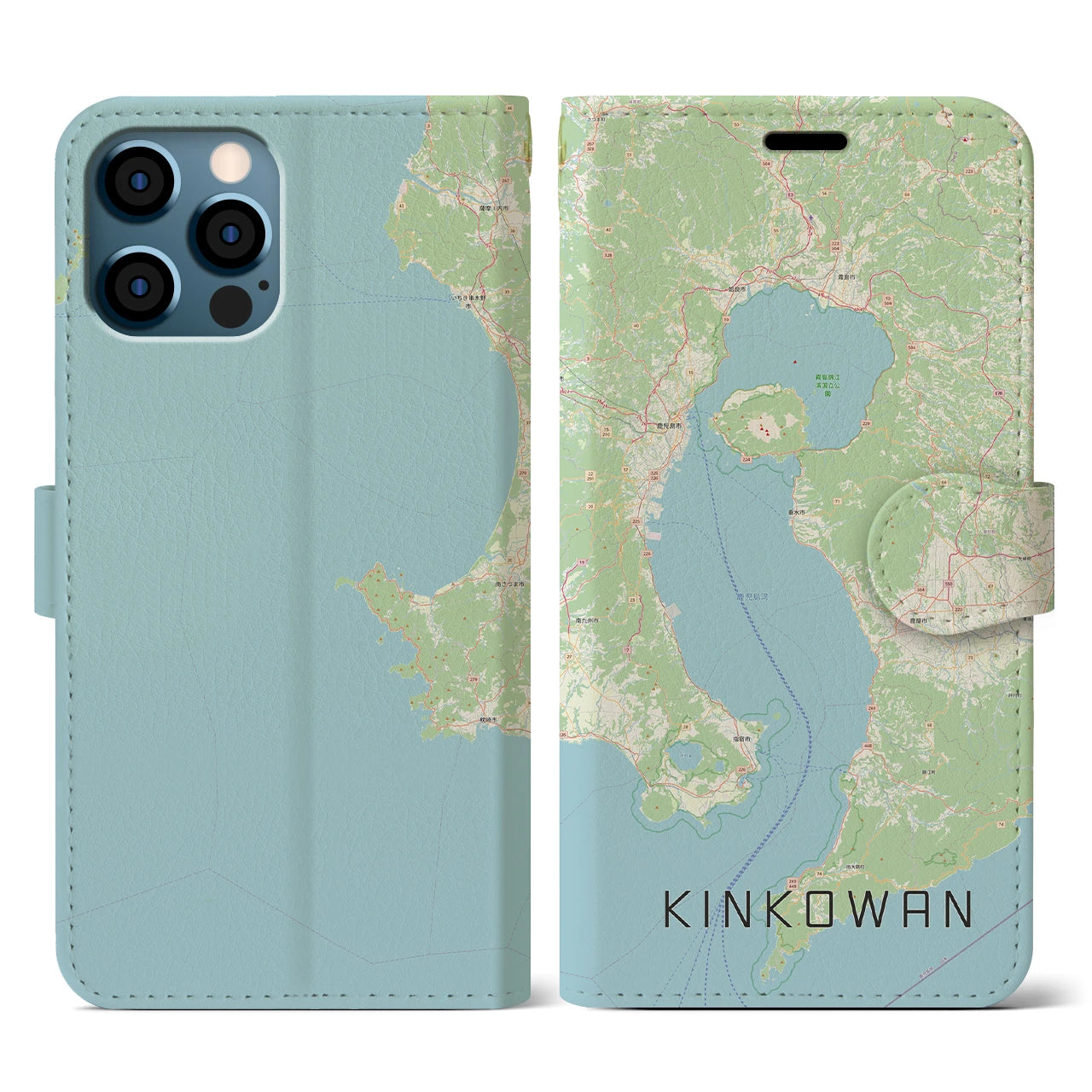【錦江湾(鹿児島県)】地図柄iPhoneケース(手帳タイプ)ナチュラル・iPhone 12 / 12 Pro 用