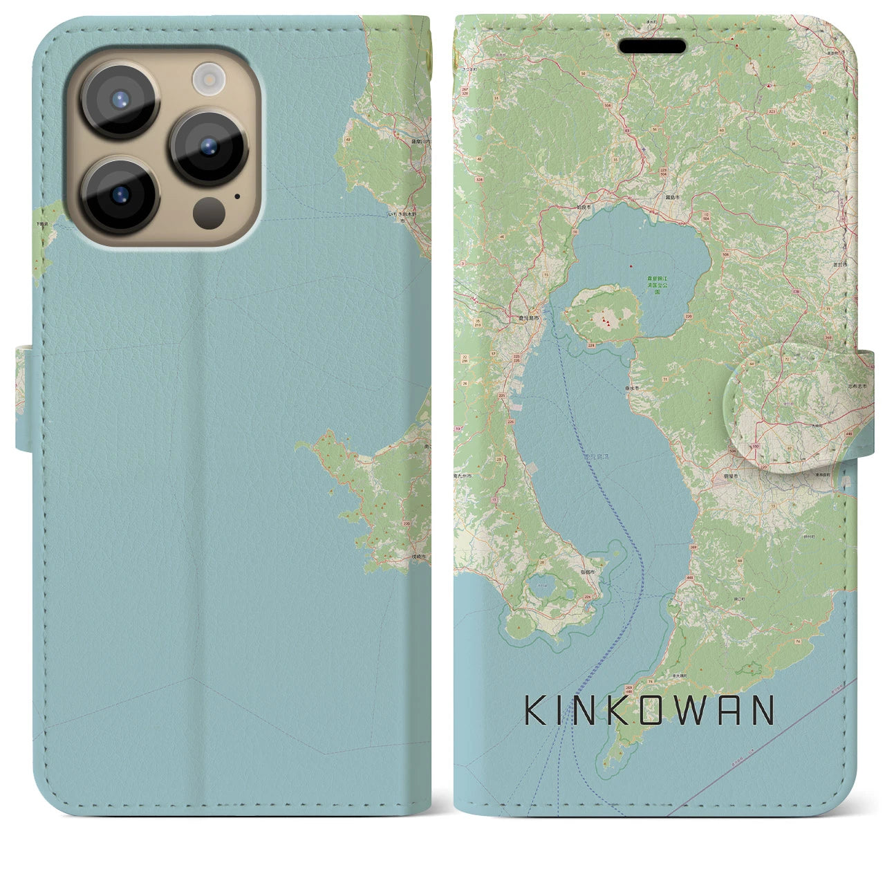 【錦江湾(鹿児島県)】地図柄iPhoneケース(手帳タイプ)ナチュラル・iPhone 14 Pro Max 用
