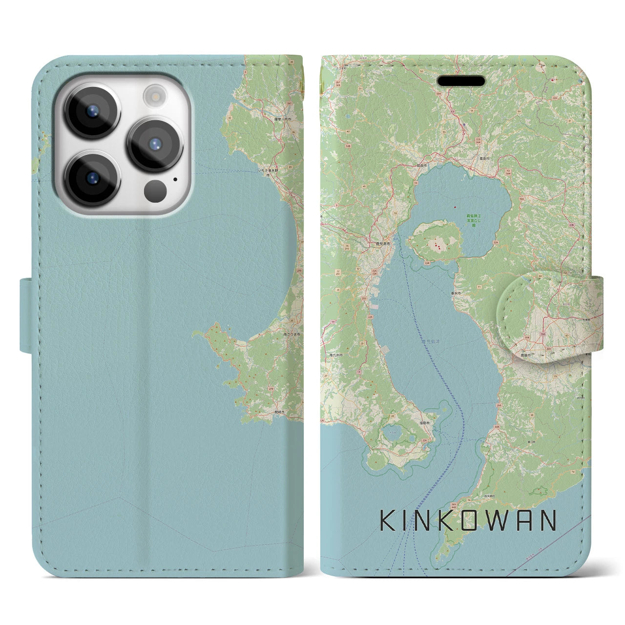 【錦江湾(鹿児島県)】地図柄iPhoneケース(手帳タイプ)ナチュラル・iPhone 14 Pro 用