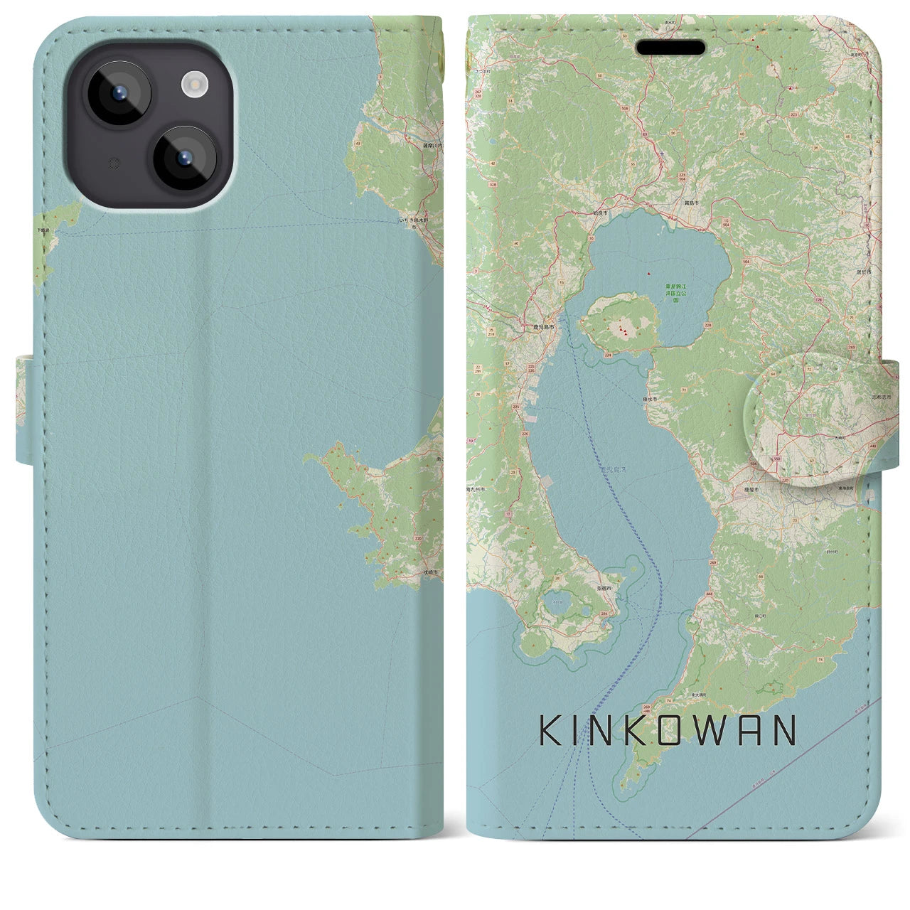 【錦江湾(鹿児島県)】地図柄iPhoneケース(手帳タイプ)ナチュラル・iPhone 14 Plus 用