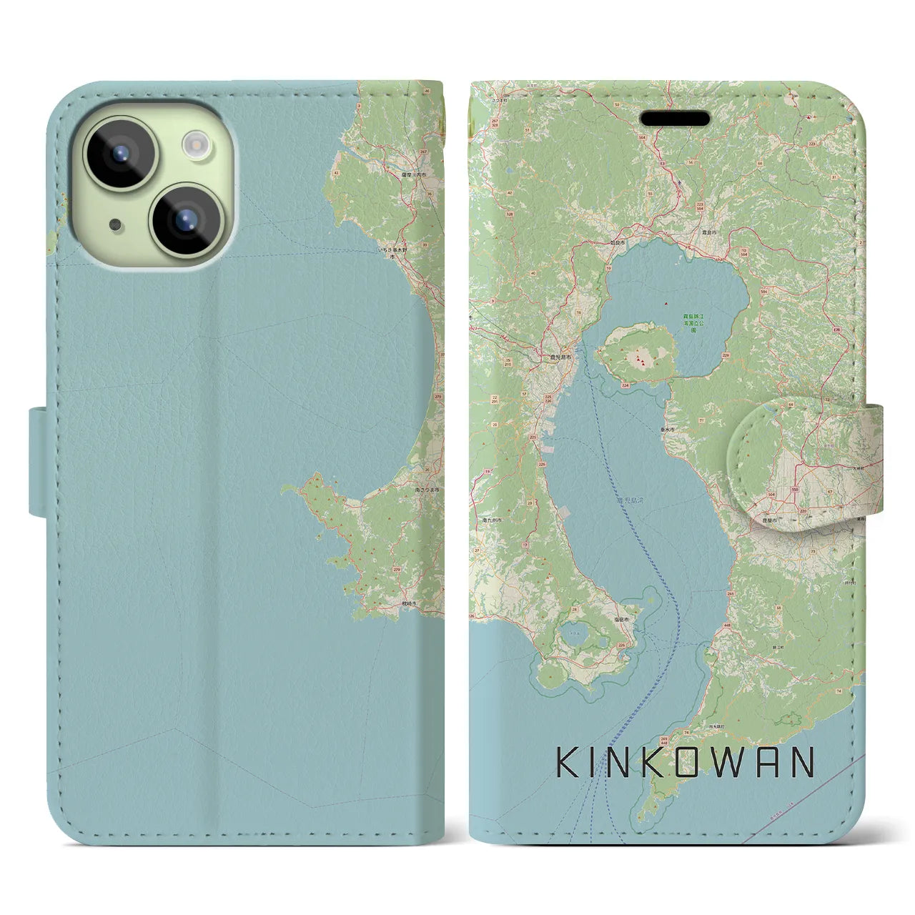 【錦江湾(鹿児島県)】地図柄iPhoneケース(手帳タイプ)ナチュラル・iPhone 15 用