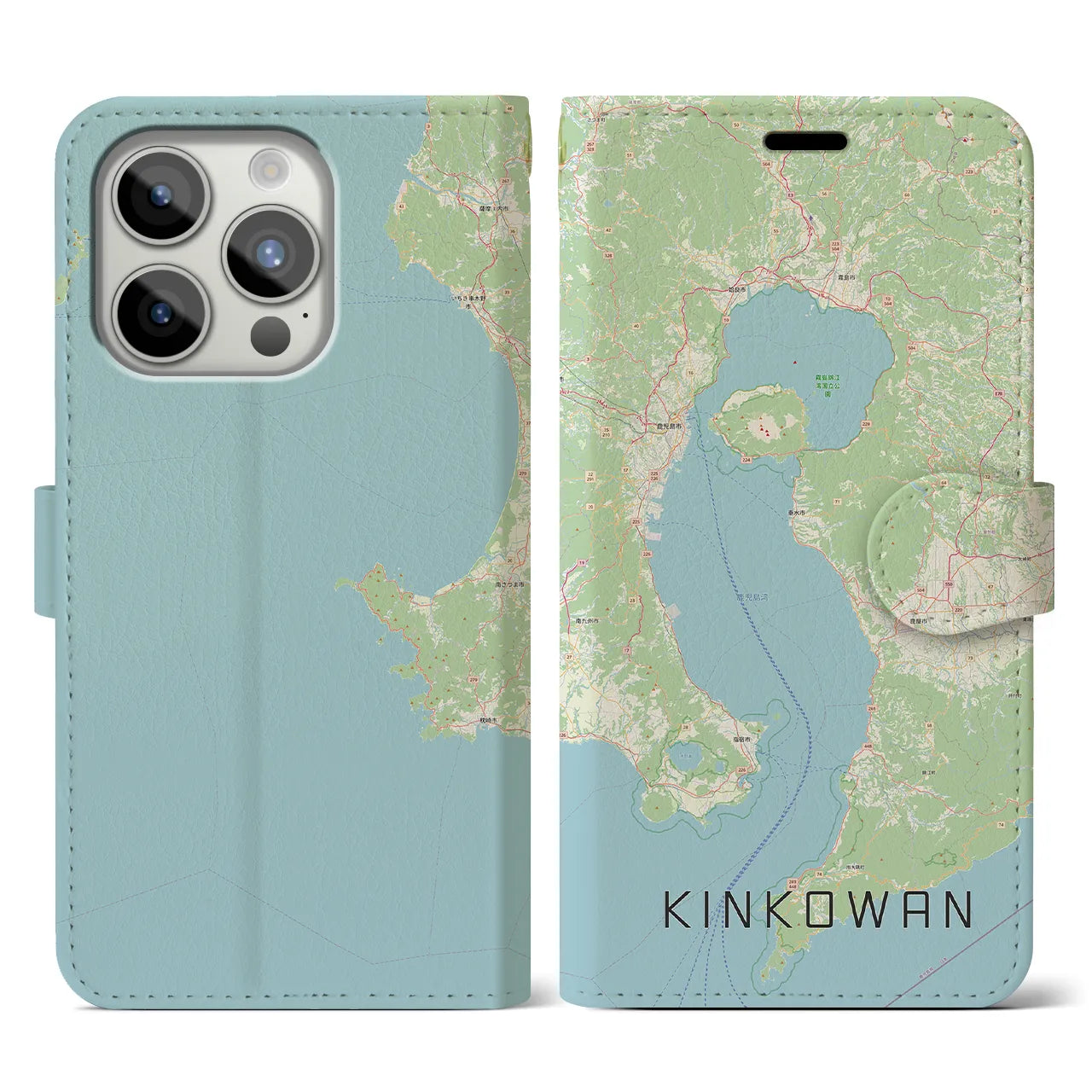 【錦江湾(鹿児島県)】地図柄iPhoneケース(手帳タイプ)ナチュラル・iPhone 15 Pro 用
