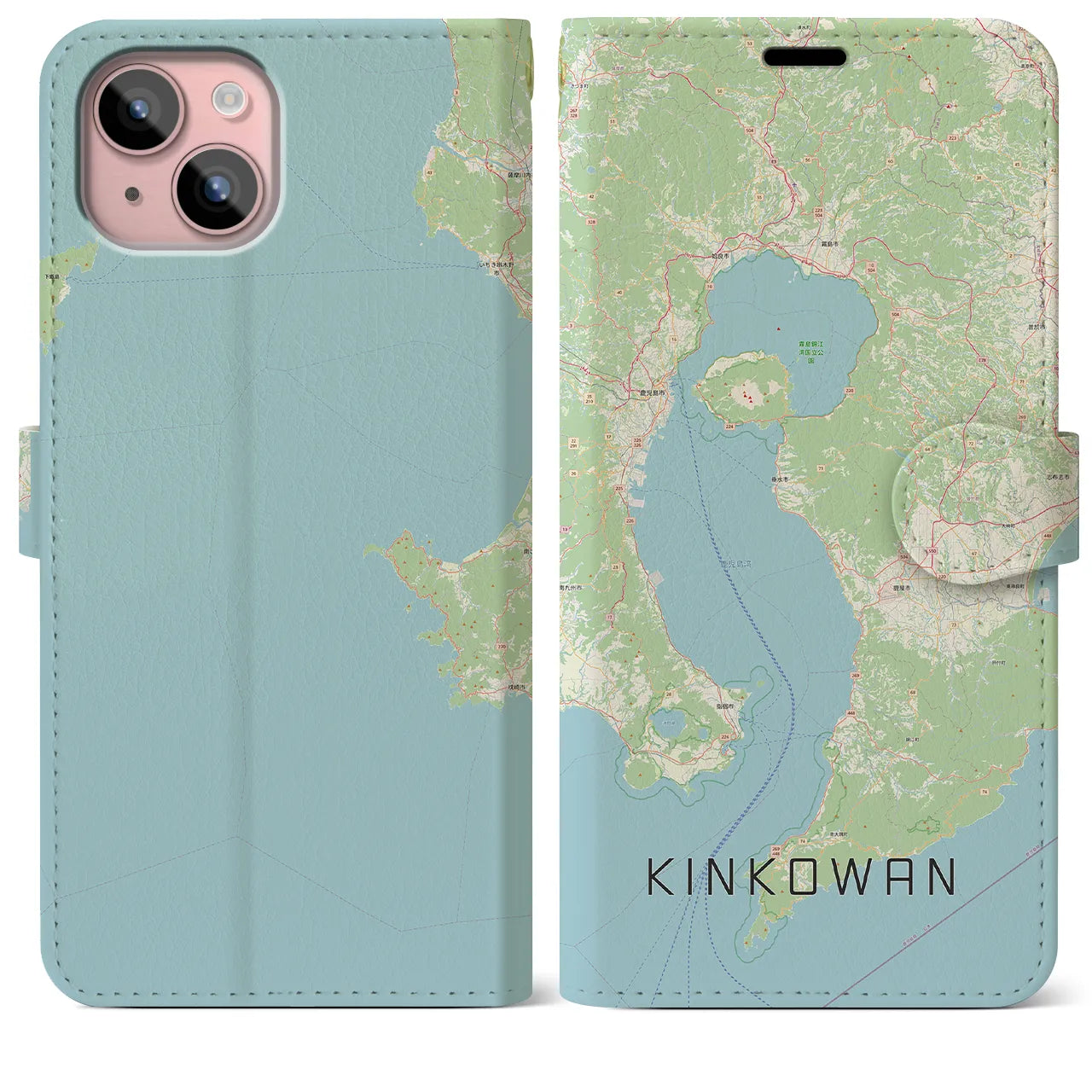 【錦江湾(鹿児島県)】地図柄iPhoneケース(手帳タイプ)ナチュラル・iPhone 15 Plus 用