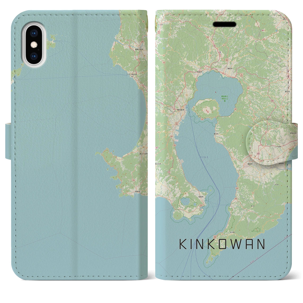 【錦江湾(鹿児島県)】地図柄iPhoneケース(手帳タイプ)ナチュラル・iPhone XS Max 用