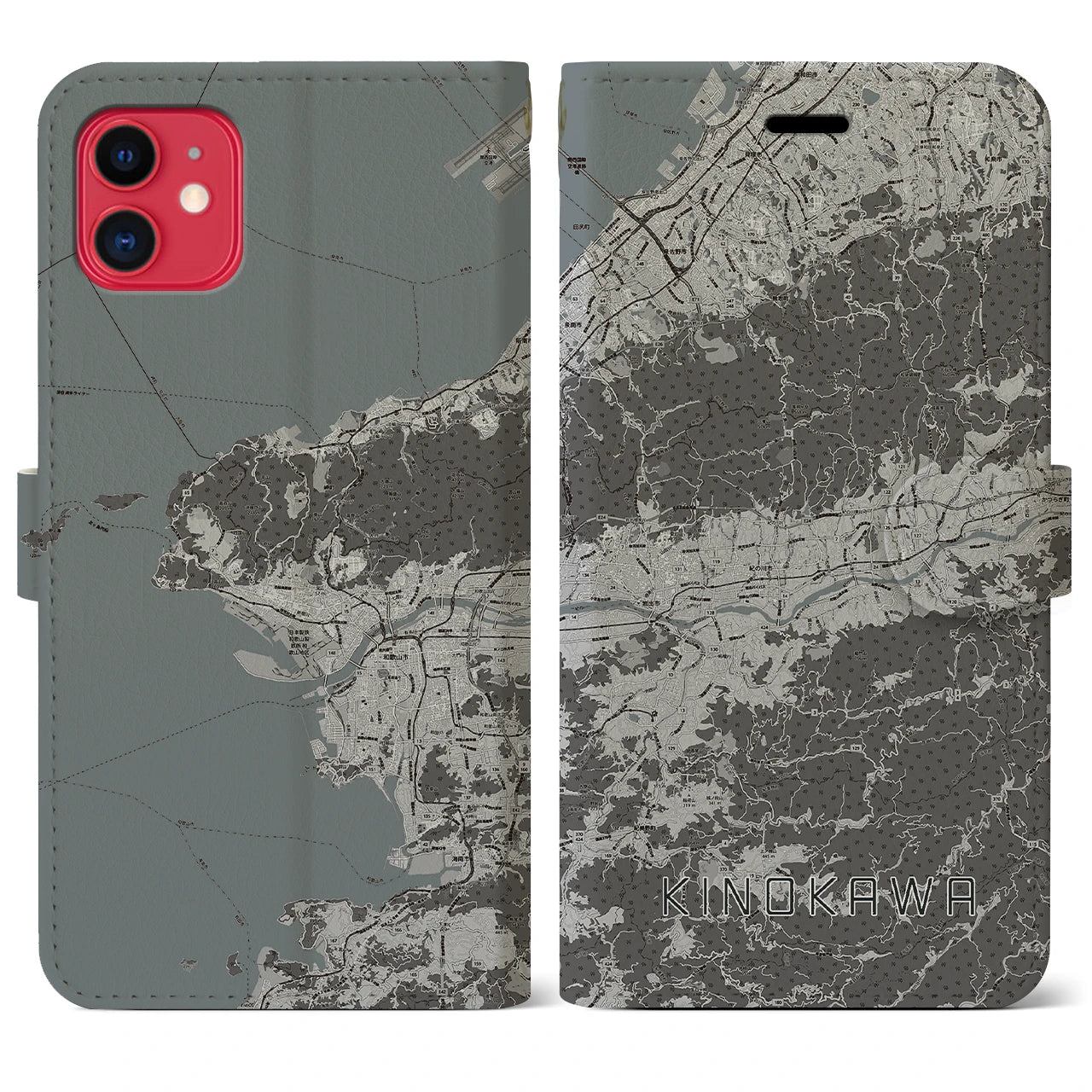 【紀の川(和歌山県)】地図柄iPhoneケース(手帳タイプ)モノトーン・iPhone 11 用