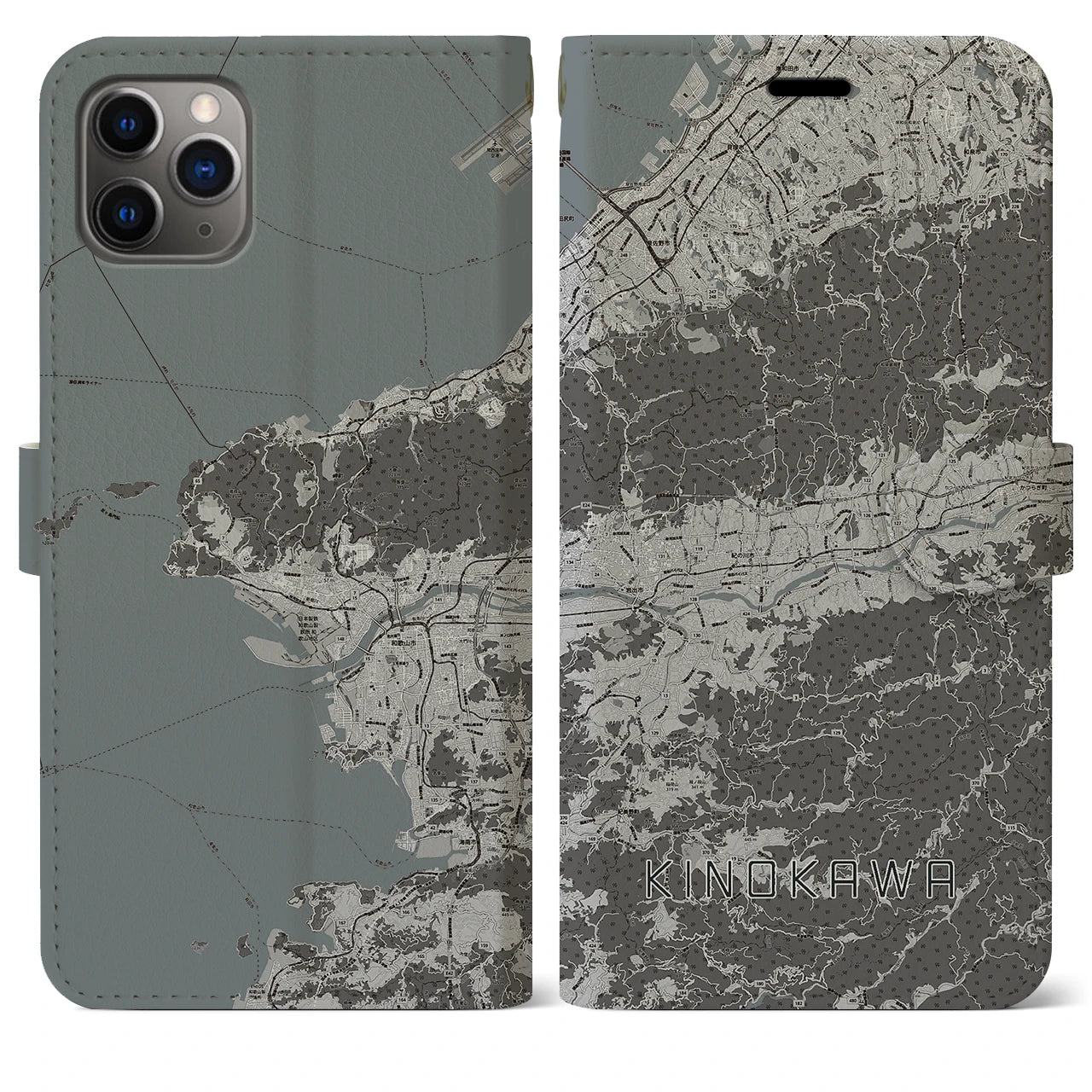 【紀の川(和歌山県)】地図柄iPhoneケース(手帳タイプ)モノトーン・iPhone 11 Pro Max 用
