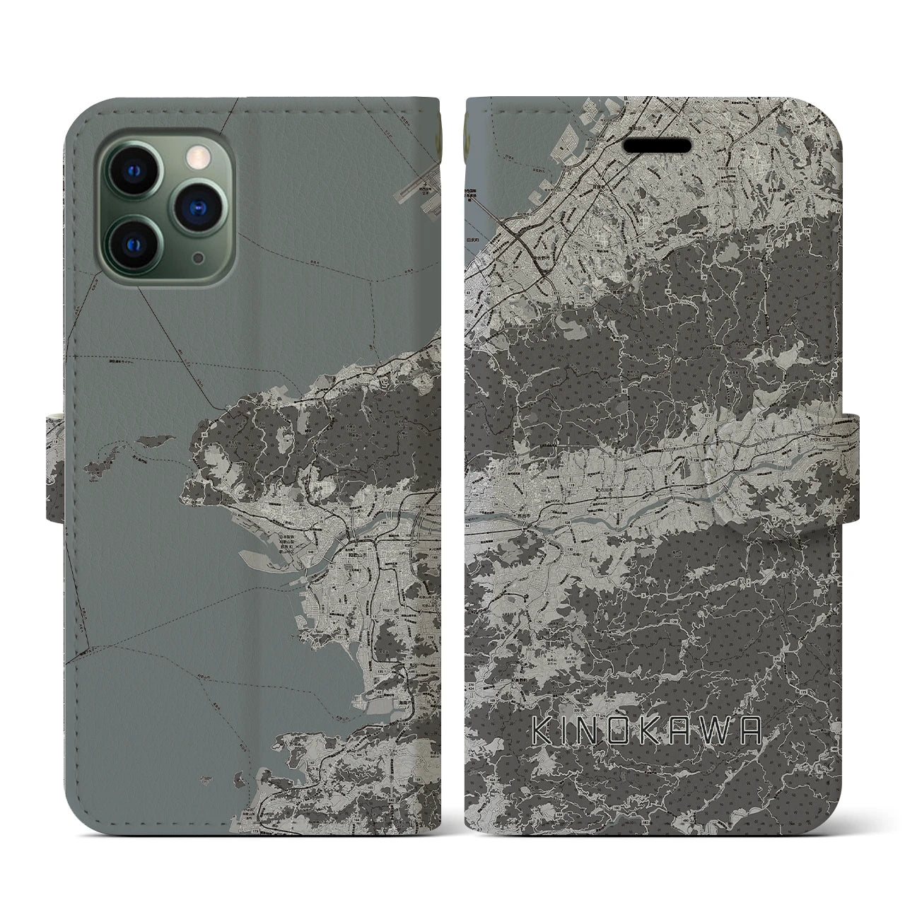 【紀の川(和歌山県)】地図柄iPhoneケース(手帳タイプ)モノトーン・iPhone 11 Pro 用