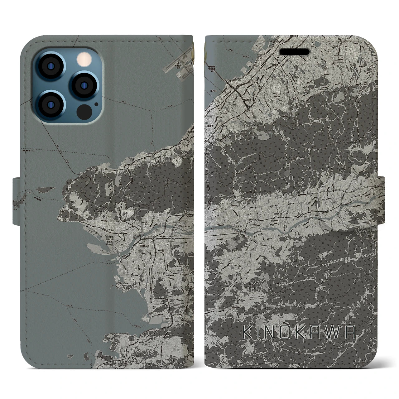 【紀の川(和歌山県)】地図柄iPhoneケース(手帳タイプ)モノトーン・iPhone 12 / 12 Pro 用