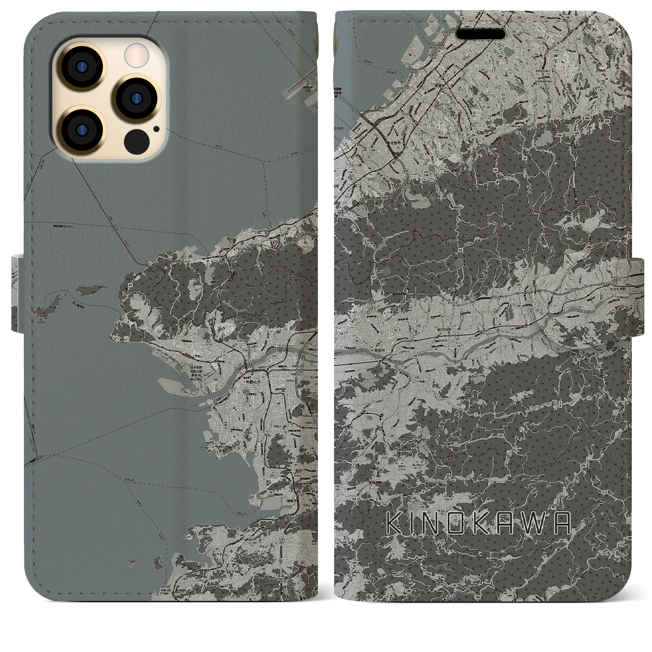 【紀の川(和歌山県)】地図柄iPhoneケース(手帳タイプ)モノトーン・iPhone 12 Pro Max 用