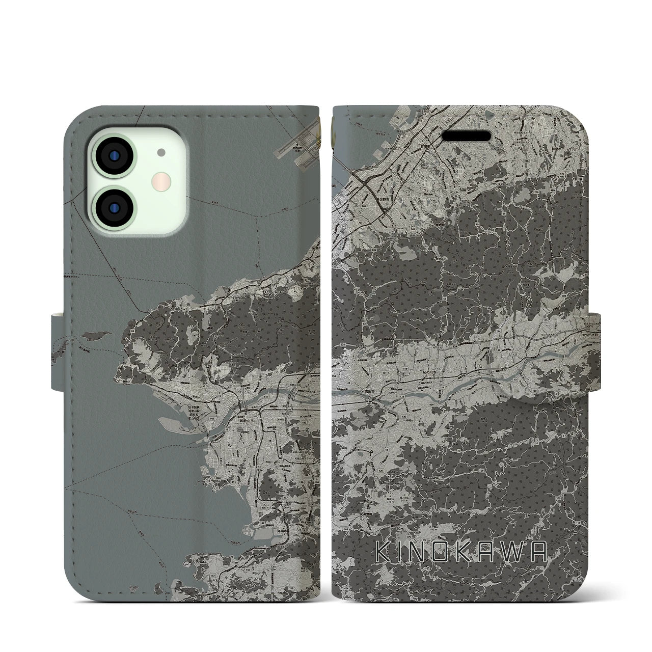 【紀の川(和歌山県)】地図柄iPhoneケース(手帳タイプ)モノトーン・iPhone 12 mini 用