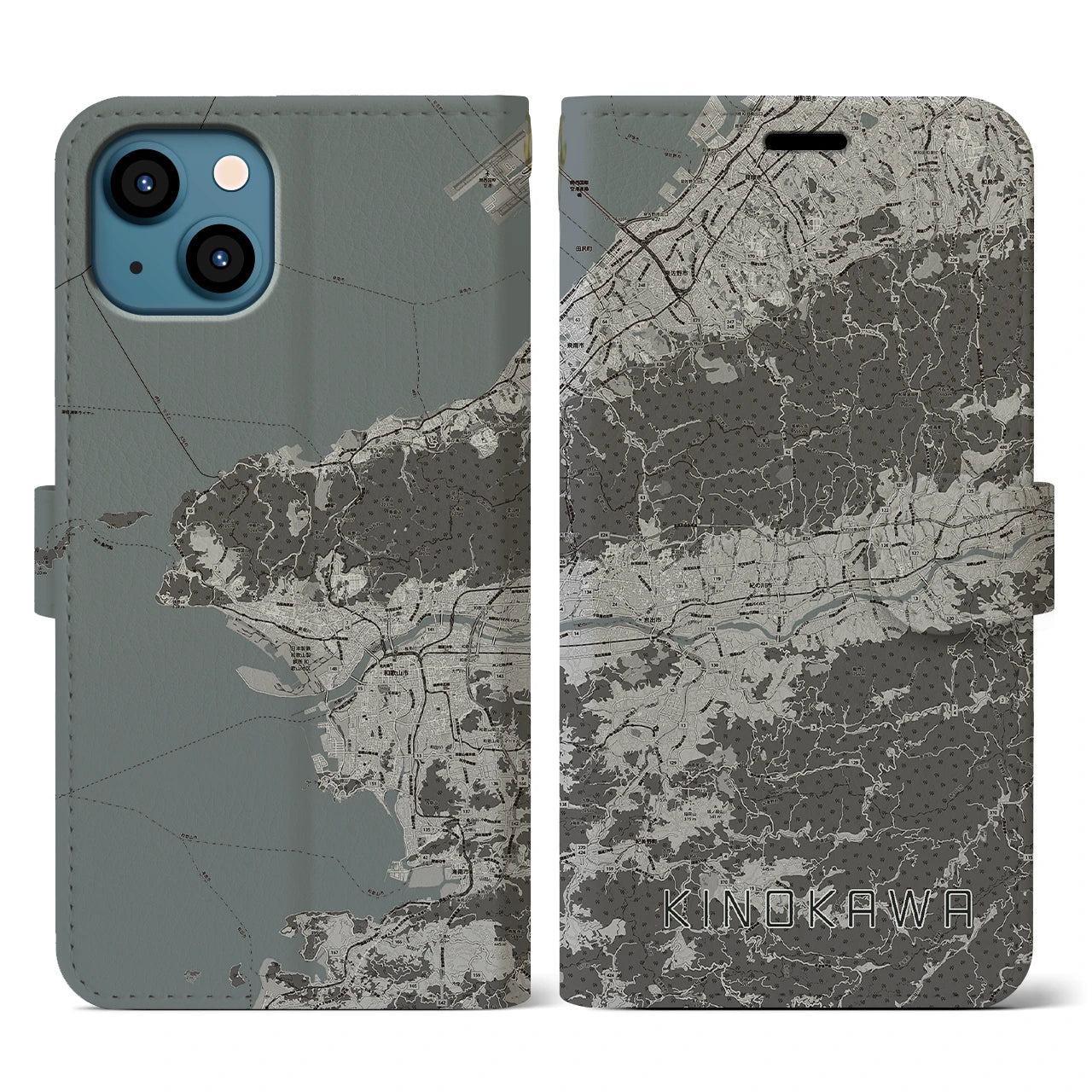 【紀の川(和歌山県)】地図柄iPhoneケース(手帳タイプ)モノトーン・iPhone 13 用
