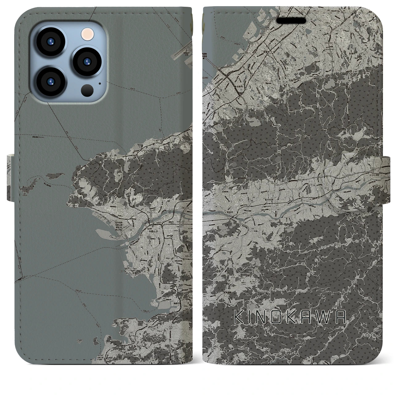 【紀の川(和歌山県)】地図柄iPhoneケース(手帳タイプ)モノトーン・iPhone 13 Pro Max 用