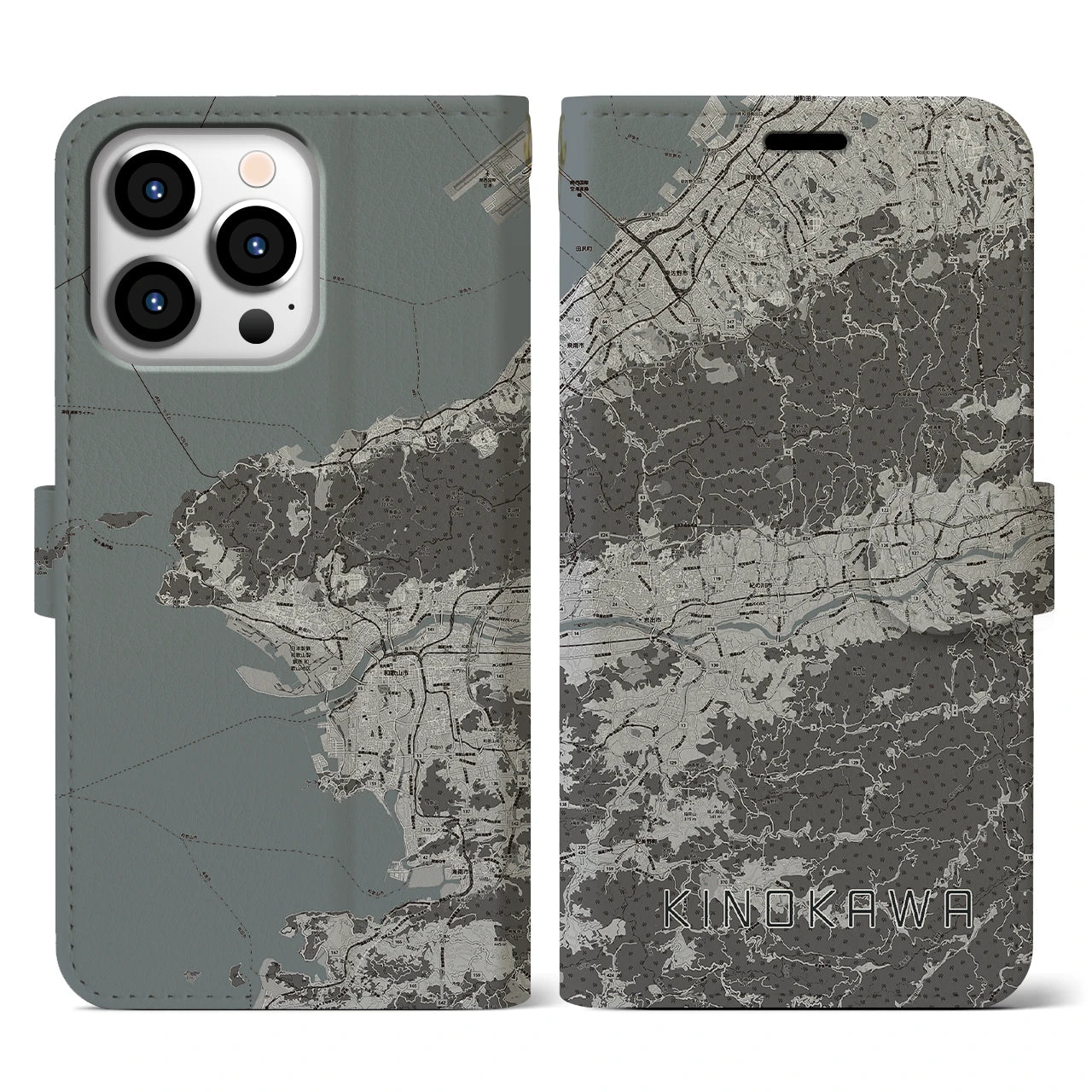 【紀の川(和歌山県)】地図柄iPhoneケース(手帳タイプ)モノトーン・iPhone 13 Pro 用