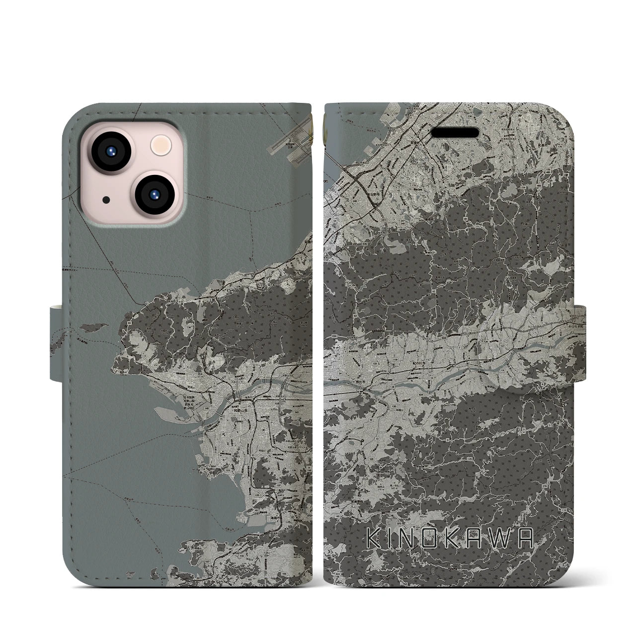 【紀の川(和歌山県)】地図柄iPhoneケース(手帳タイプ)モノトーン・iPhone 13 mini 用