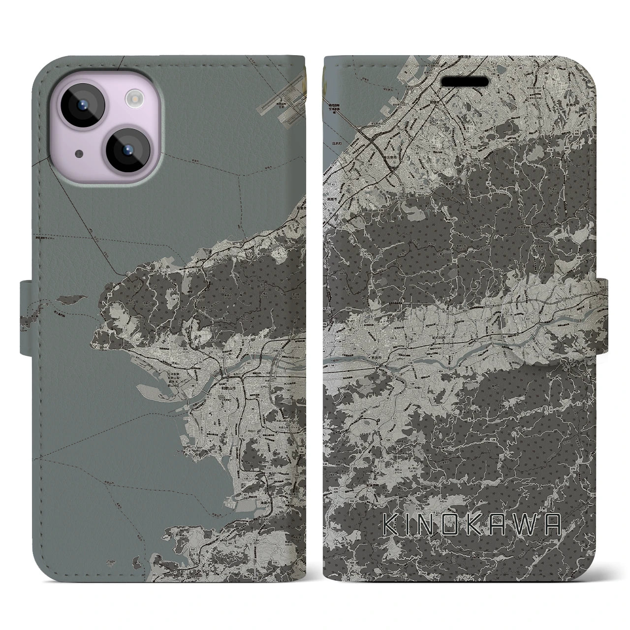 【紀の川(和歌山県)】地図柄iPhoneケース(手帳タイプ)モノトーン・iPhone 14 用