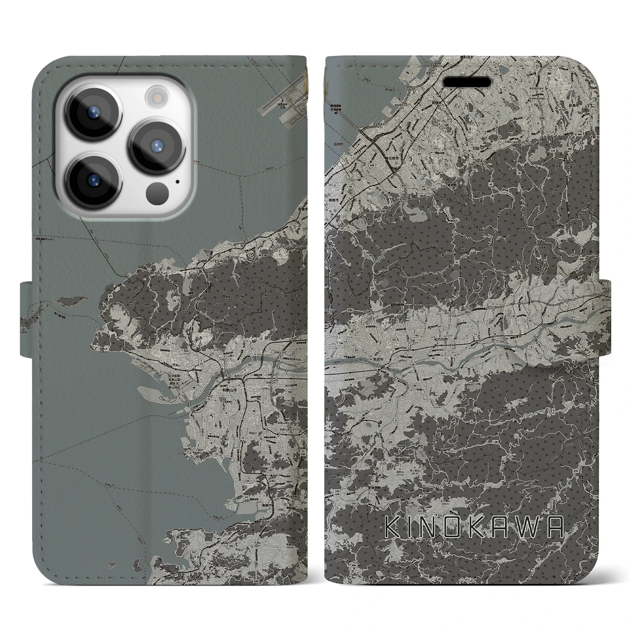 【紀の川(和歌山県)】地図柄iPhoneケース(手帳タイプ)モノトーン・iPhone 14 Pro 用