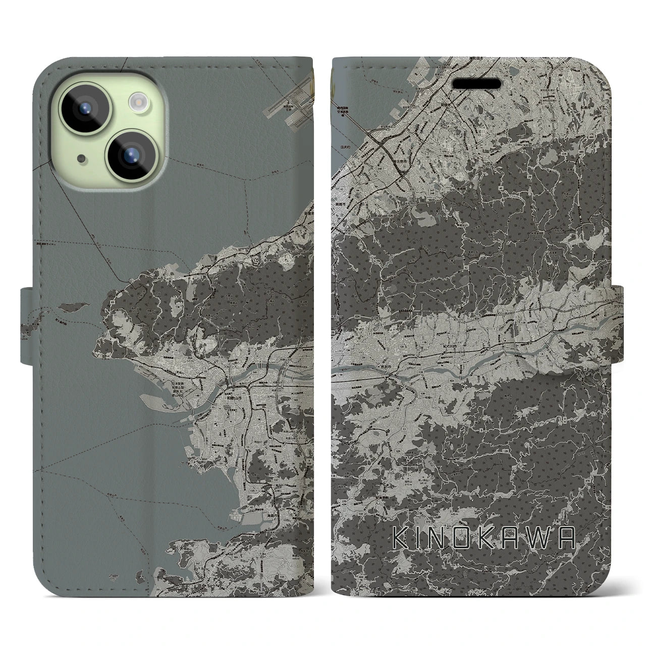 【紀の川(和歌山県)】地図柄iPhoneケース(手帳タイプ)モノトーン・iPhone 15 用