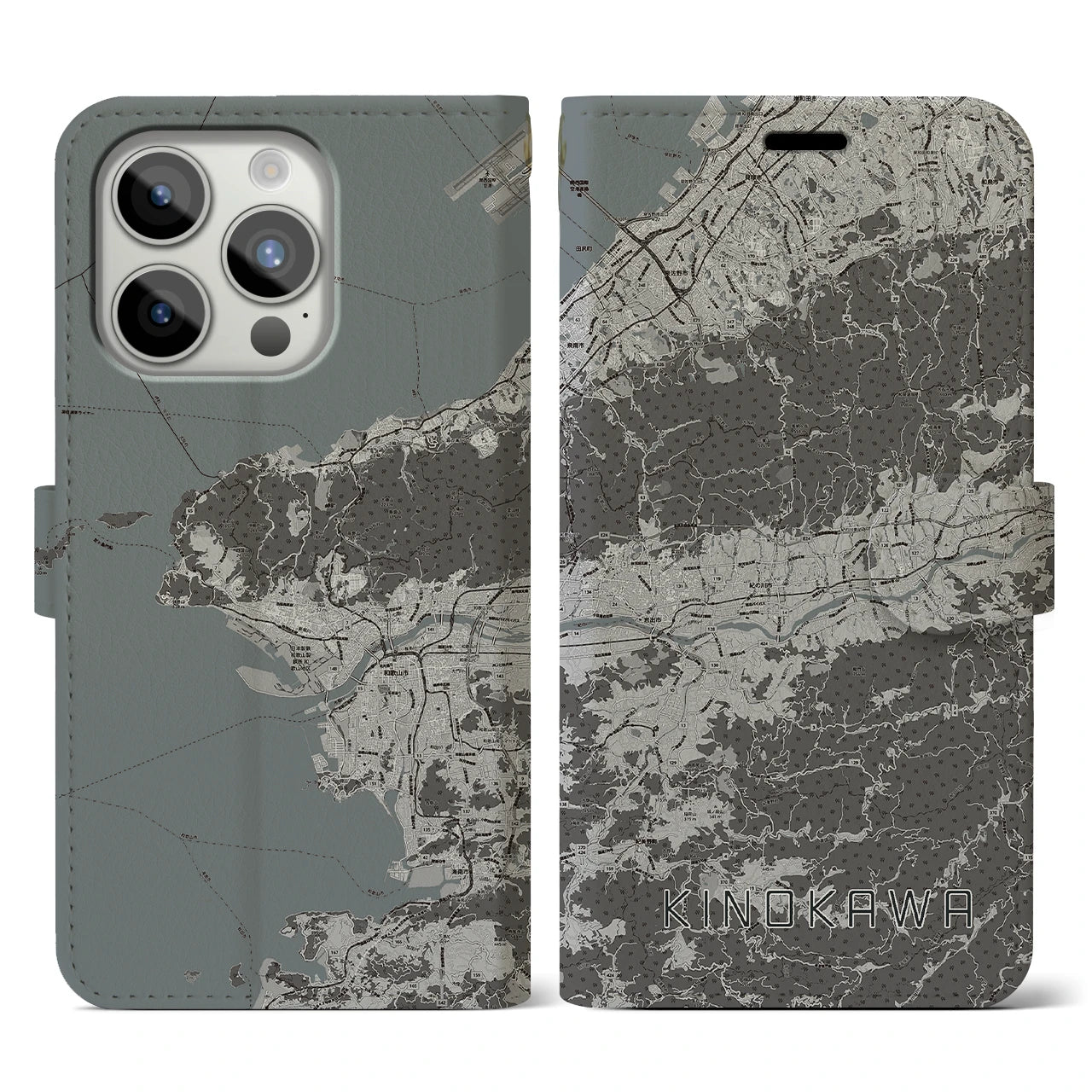 【紀の川(和歌山県)】地図柄iPhoneケース(手帳タイプ)モノトーン・iPhone 15 Pro 用