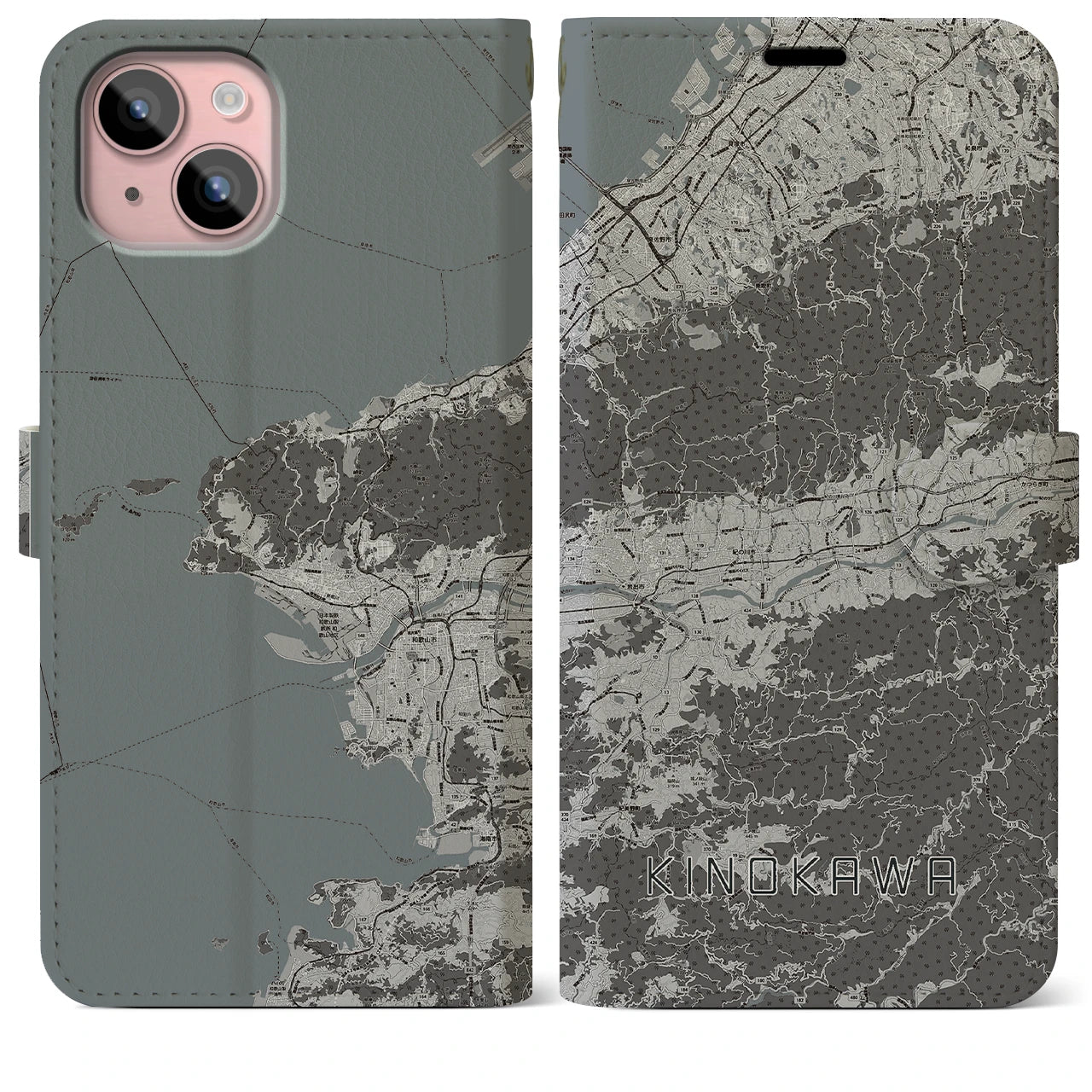 【紀の川(和歌山県)】地図柄iPhoneケース(手帳タイプ)モノトーン・iPhone 15 Plus 用