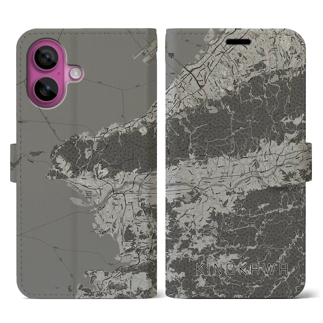 【紀の川(和歌山県)】地図柄iPhoneケース(手帳タイプ)モノトーン・iPhone 16 Pro 用