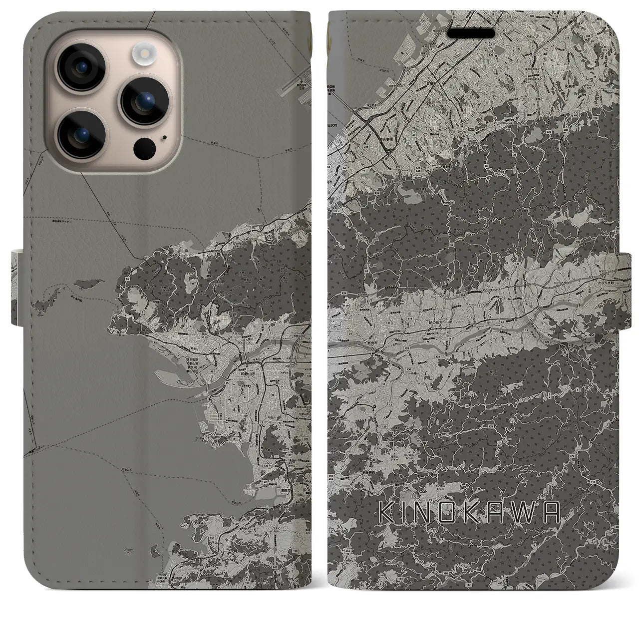 【紀の川(和歌山県)】地図柄iPhoneケース(手帳タイプ)モノトーン・iPhone 16 Plus 用