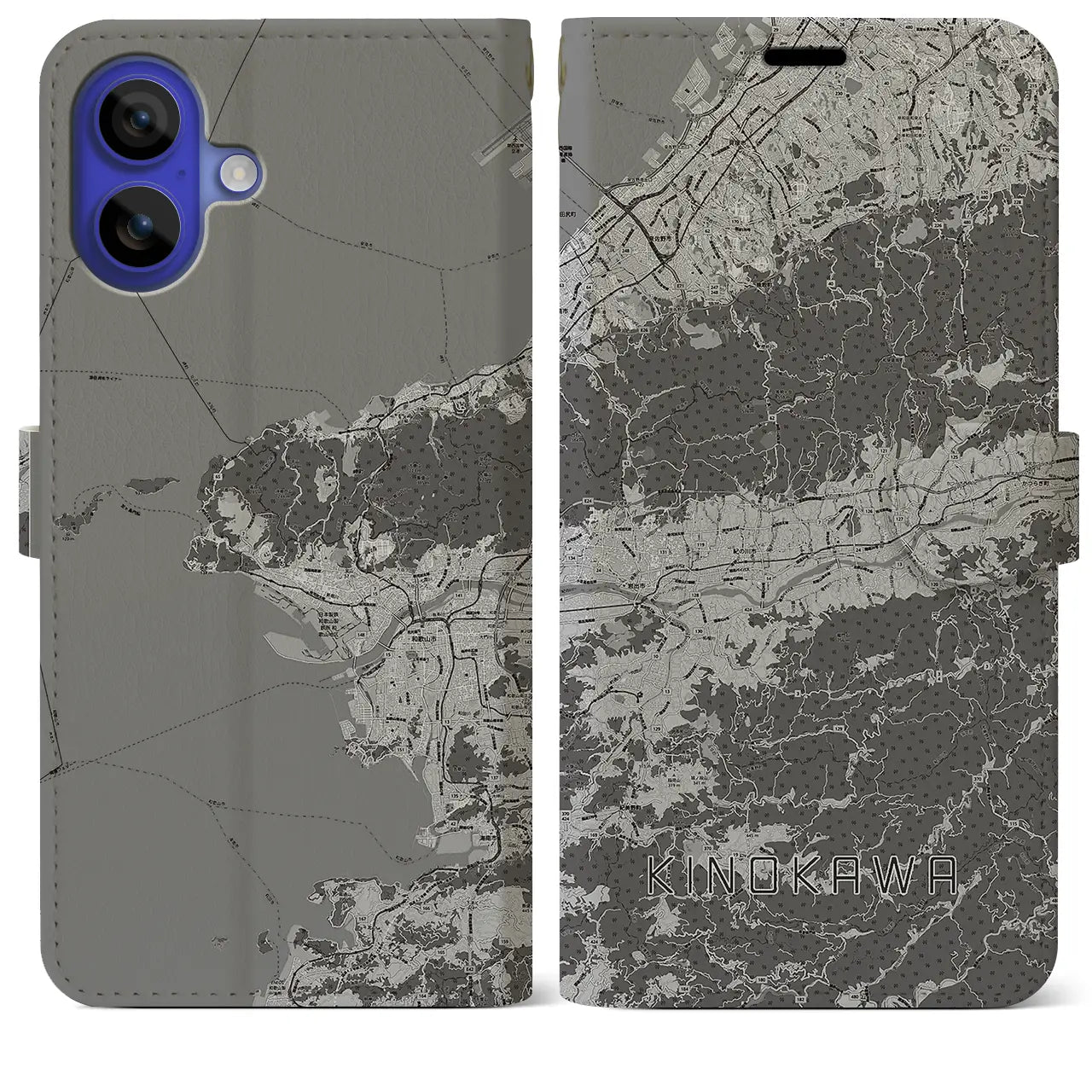 【紀の川(和歌山県)】地図柄iPhoneケース(手帳タイプ)モノトーン・iPhone 16 Pro Max 用