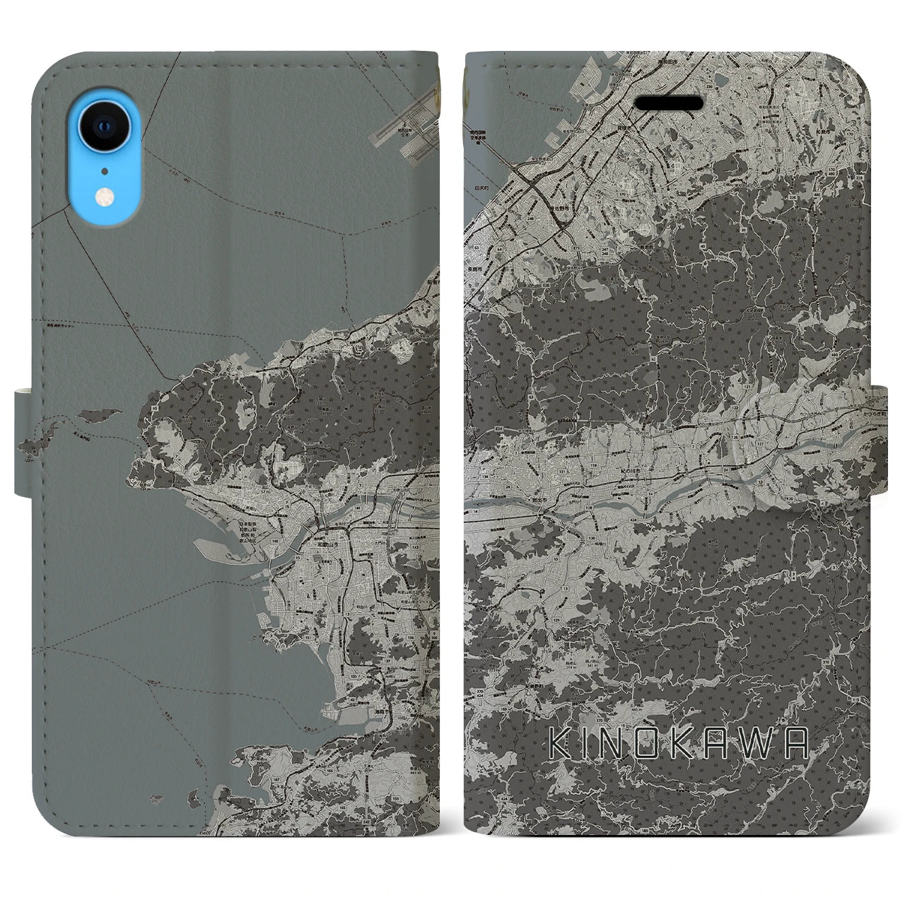 【紀の川(和歌山県)】地図柄iPhoneケース(手帳タイプ)モノトーン・iPhone XR 用