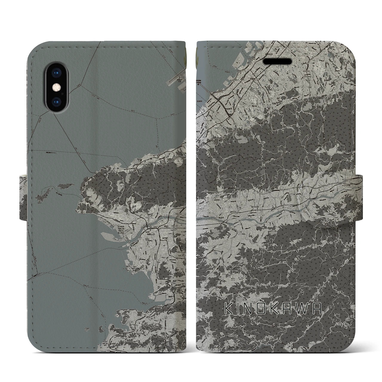 【紀の川(和歌山県)】地図柄iPhoneケース(手帳タイプ)モノトーン・iPhone XS / X 用