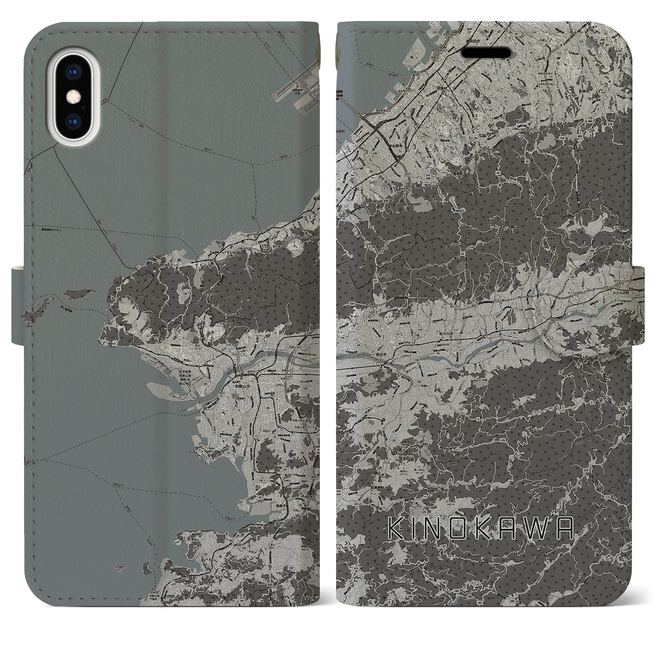 【紀の川(和歌山県)】地図柄iPhoneケース(手帳タイプ)モノトーン・iPhone XS Max 用
