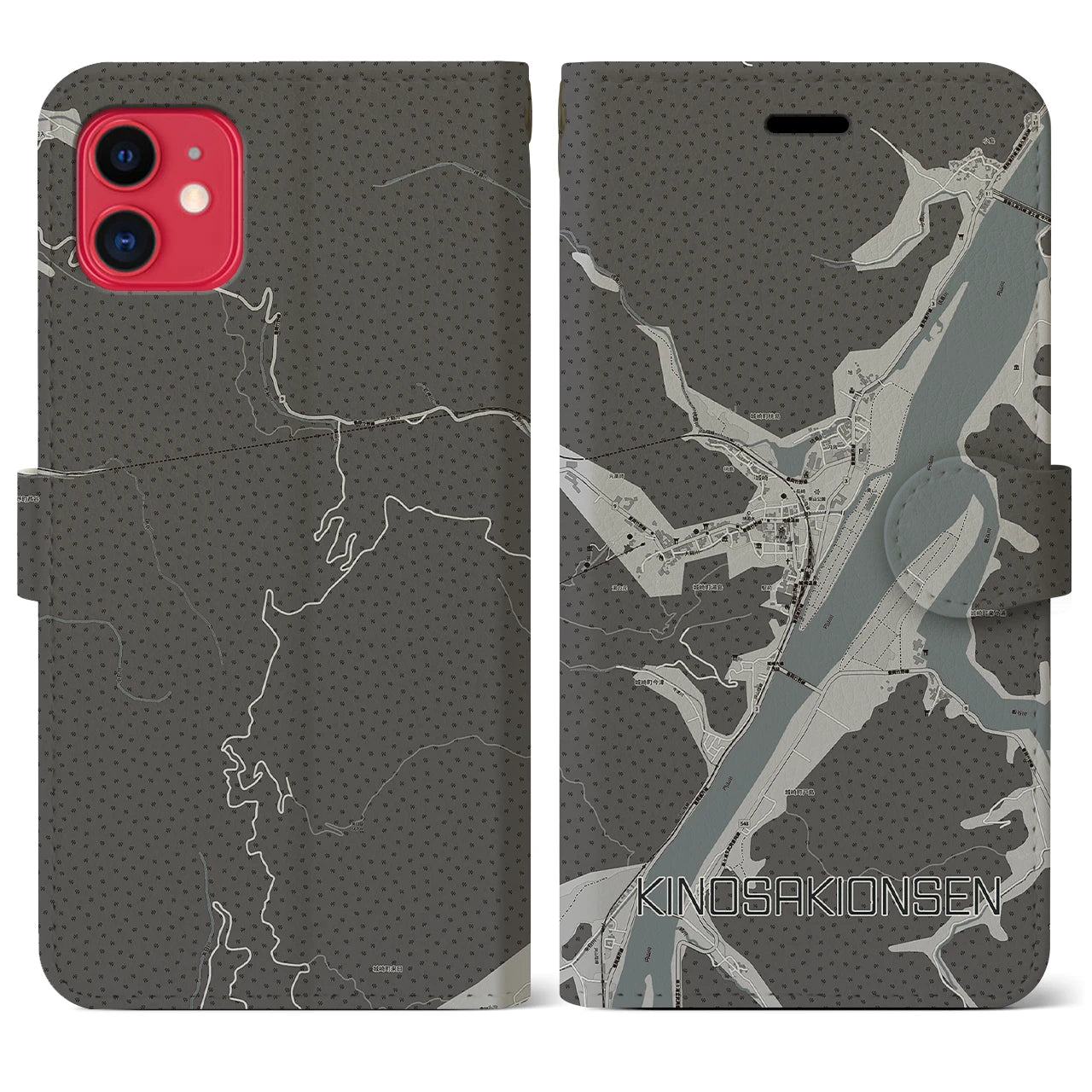 【城崎温泉(兵庫県)】地図柄iPhoneケース(手帳タイプ)モノトーン・iPhone 11 用