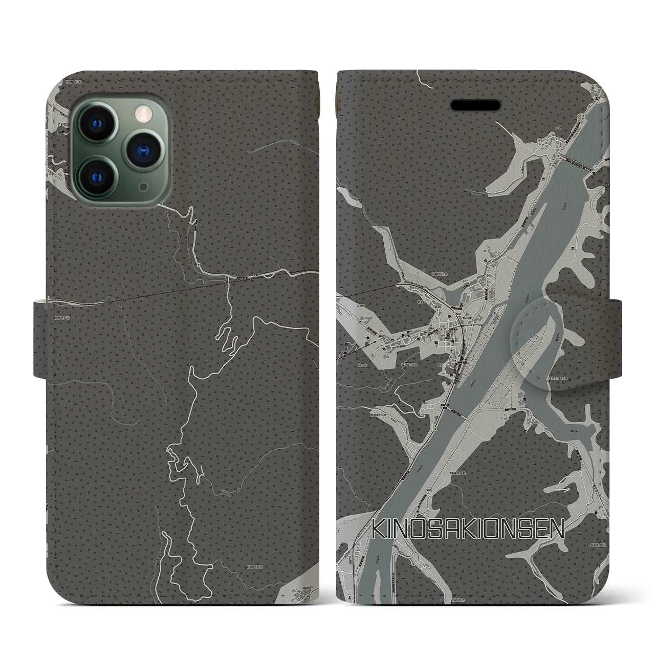 【城崎温泉(兵庫県)】地図柄iPhoneケース(手帳タイプ)モノトーン・iPhone 11 Pro 用