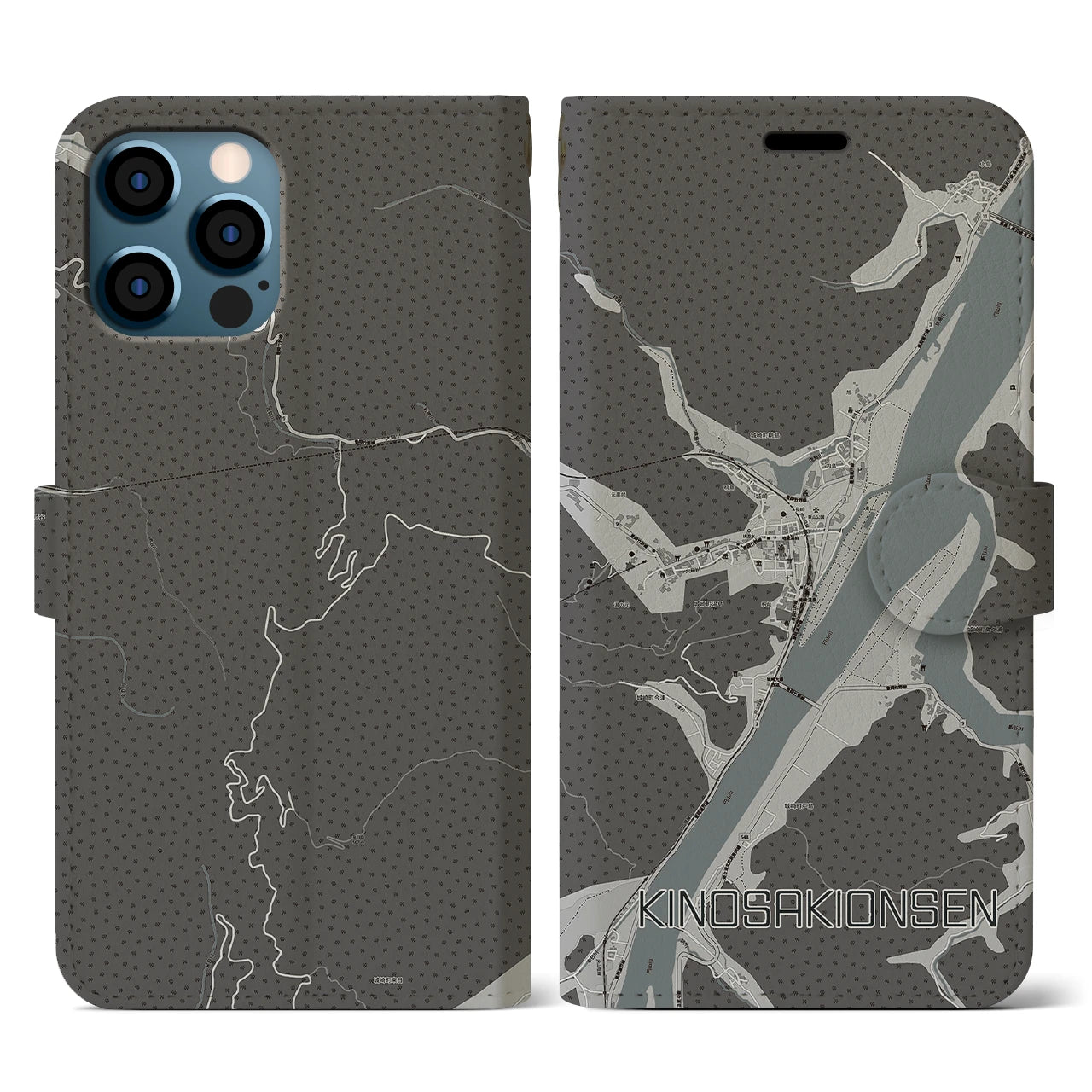 【城崎温泉(兵庫県)】地図柄iPhoneケース(手帳タイプ)モノトーン・iPhone 12 / 12 Pro 用