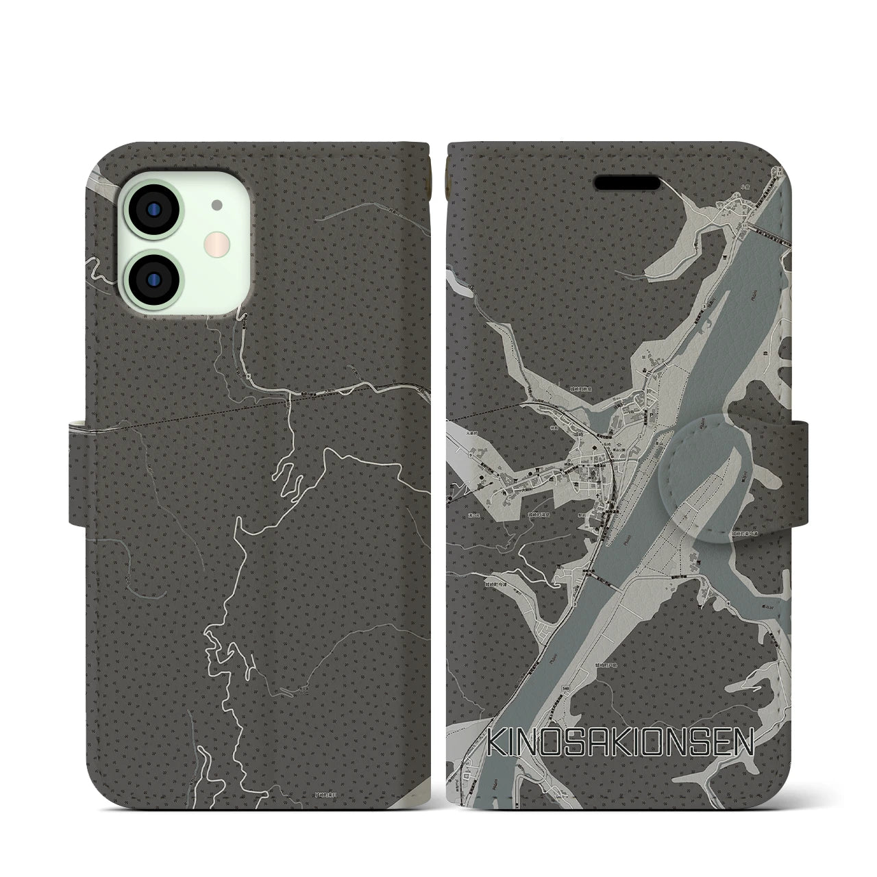 【城崎温泉(兵庫県)】地図柄iPhoneケース(手帳タイプ)モノトーン・iPhone 12 mini 用