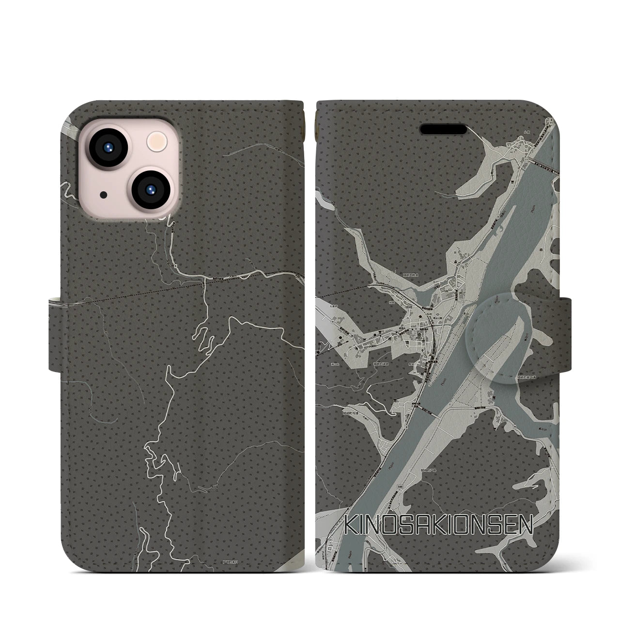 【城崎温泉(兵庫県)】地図柄iPhoneケース(手帳タイプ)モノトーン・iPhone 13 mini 用