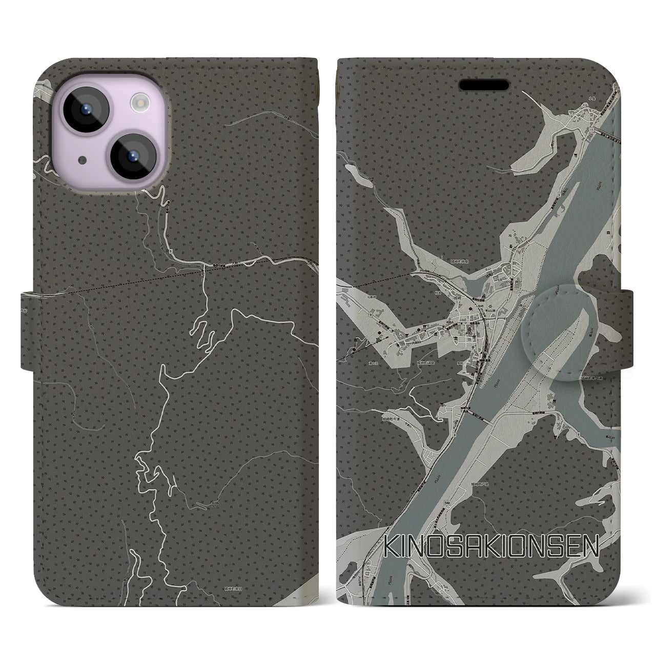 【城崎温泉(兵庫県)】地図柄iPhoneケース(手帳タイプ)モノトーン・iPhone 14 用