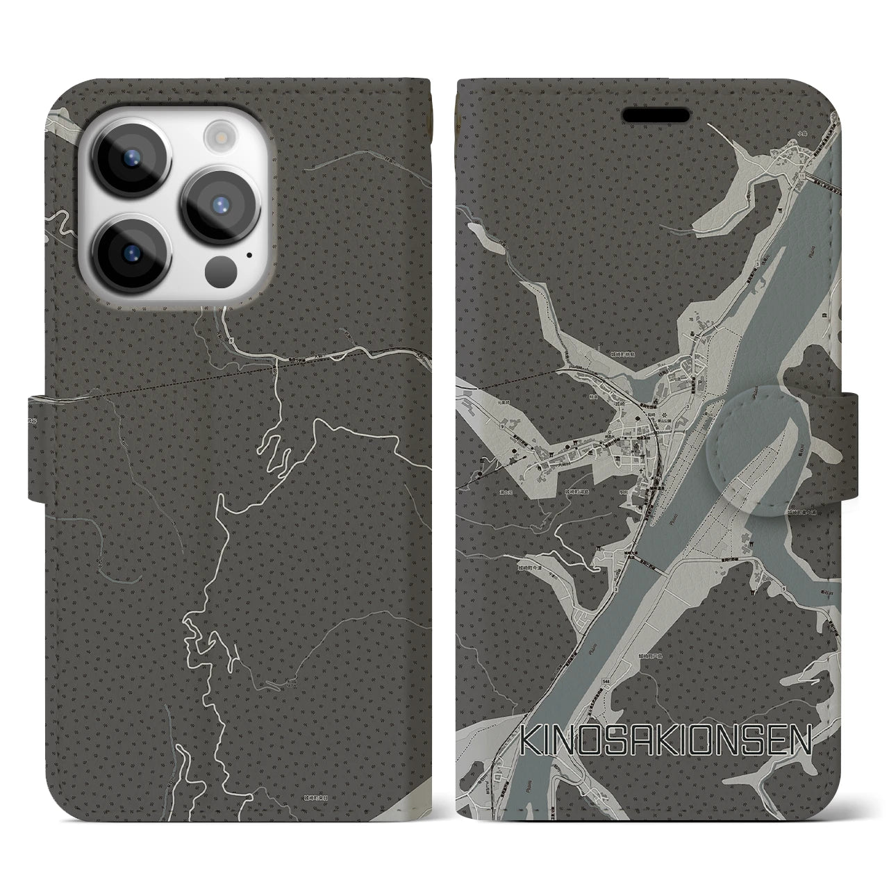 【城崎温泉(兵庫県)】地図柄iPhoneケース(手帳タイプ)モノトーン・iPhone 14 Pro 用