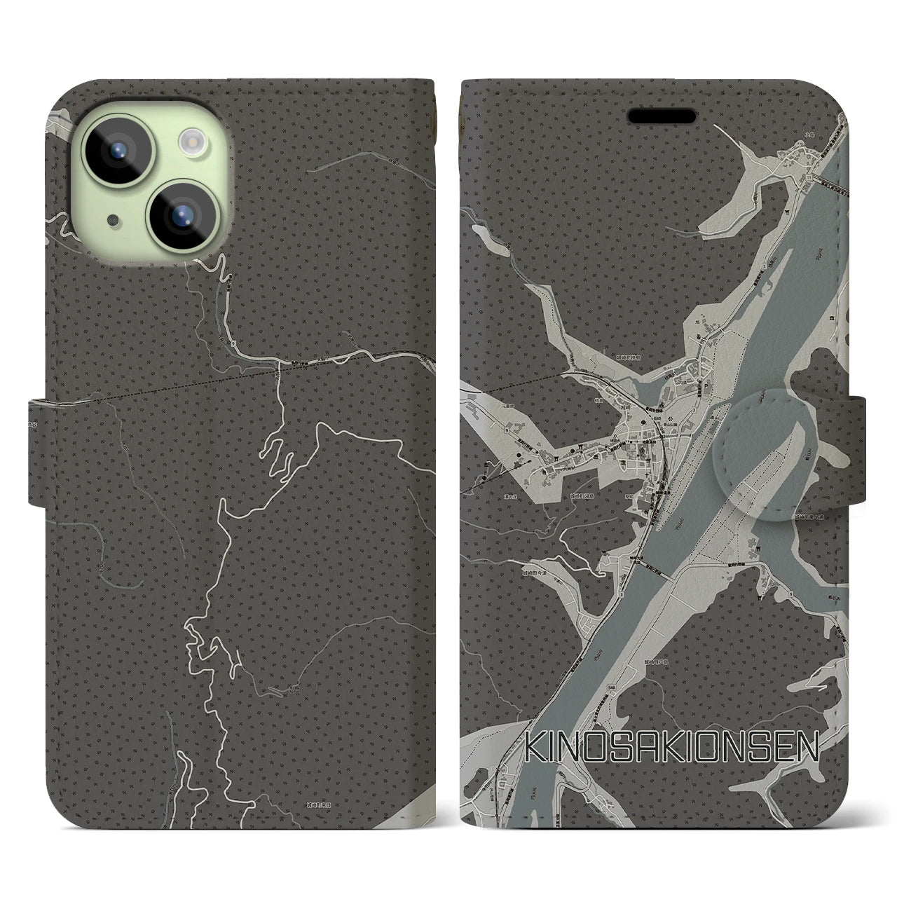 【城崎温泉(兵庫県)】地図柄iPhoneケース(手帳タイプ)モノトーン・iPhone 15 用