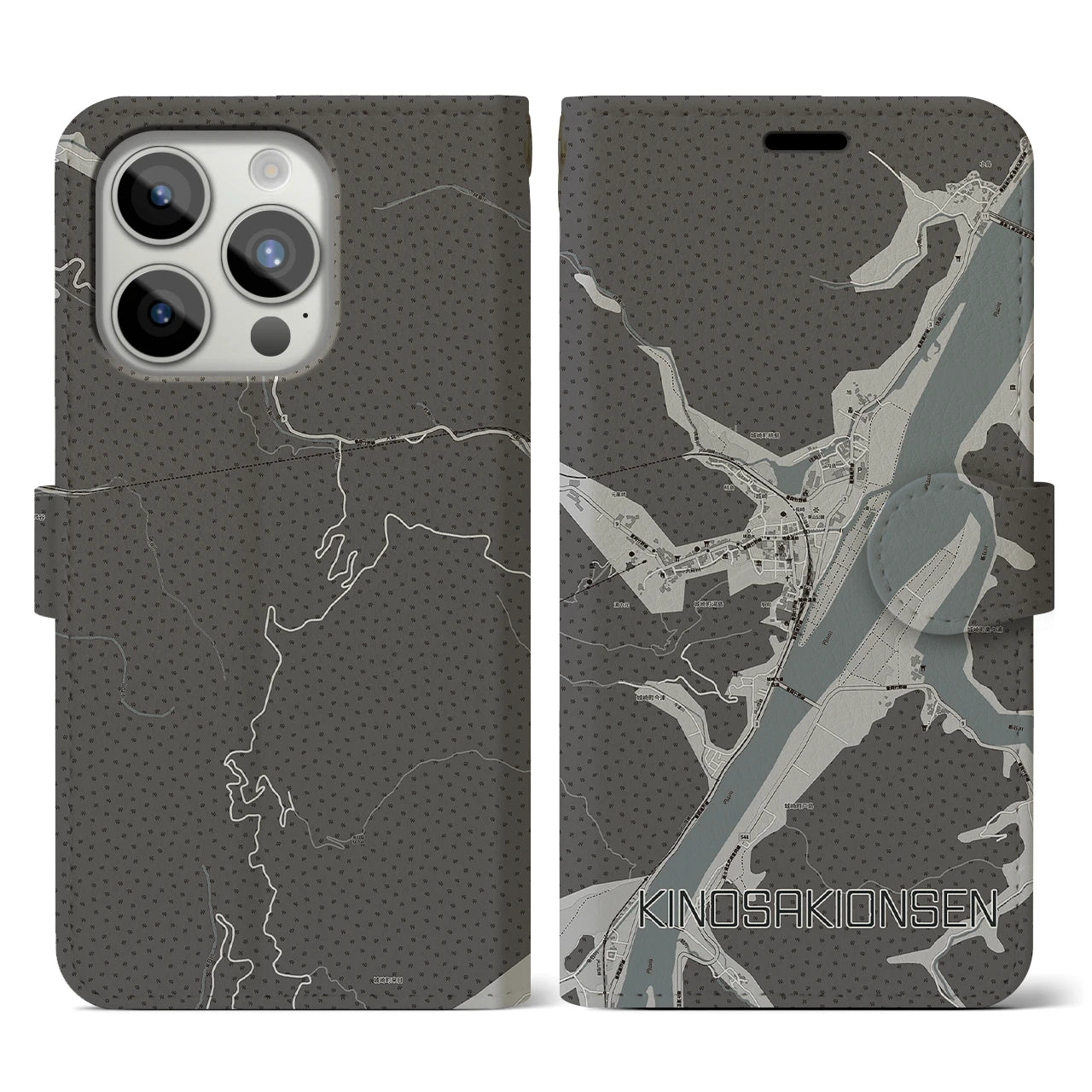 【城崎温泉(兵庫県)】地図柄iPhoneケース(手帳タイプ)モノトーン・iPhone 15 Pro 用