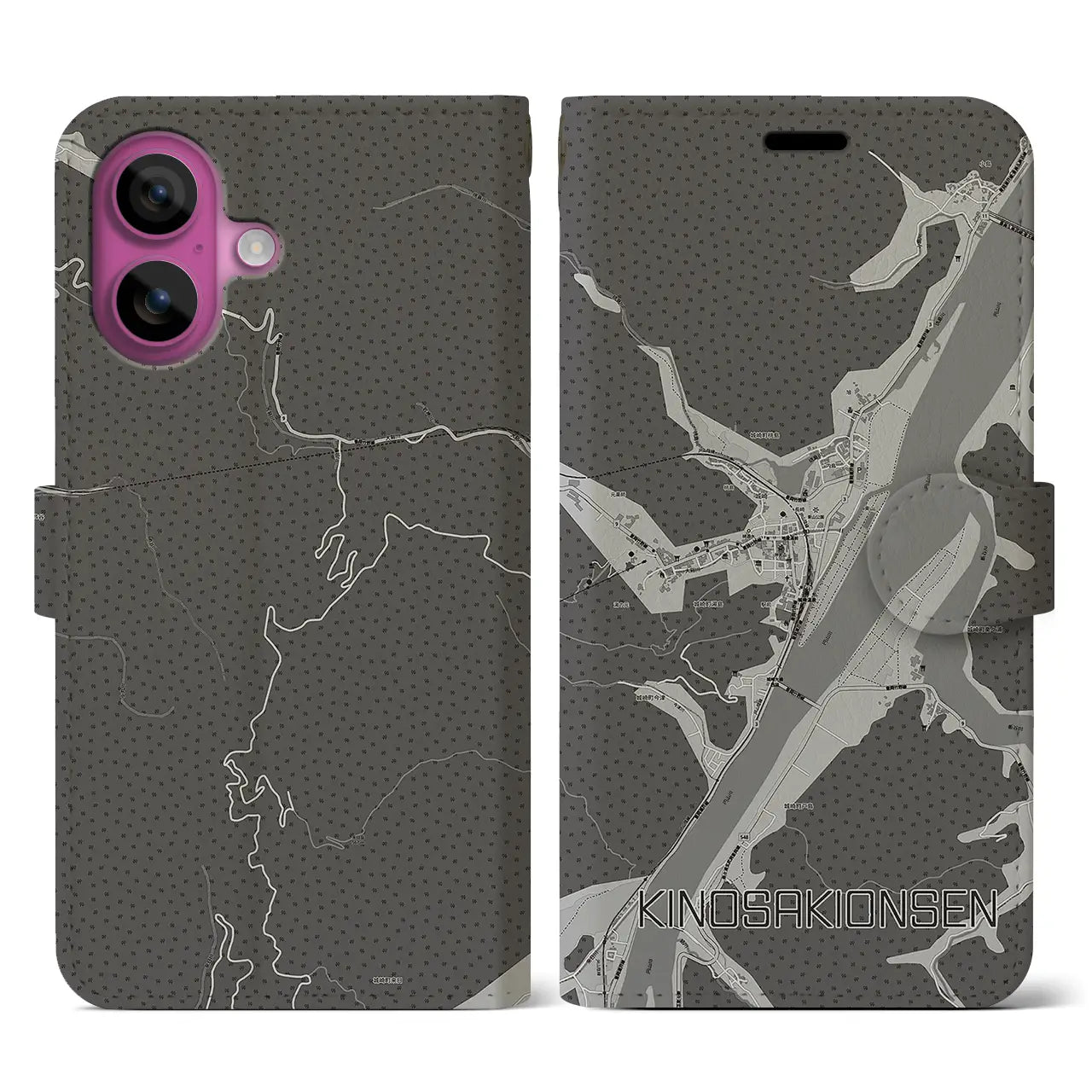 【城崎温泉(兵庫県)】地図柄iPhoneケース(手帳タイプ)モノトーン・iPhone 16 Pro 用