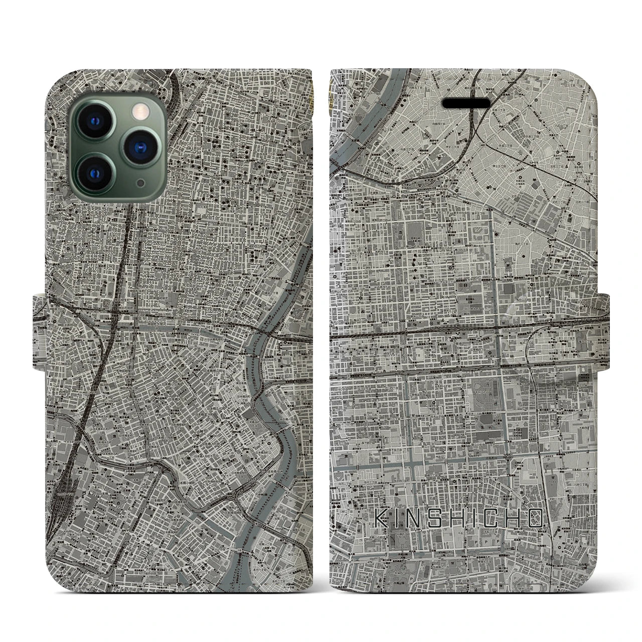 【錦糸町(東京都)】地図柄iPhoneケース(手帳タイプ)モノトーン・iPhone 11 Pro 用