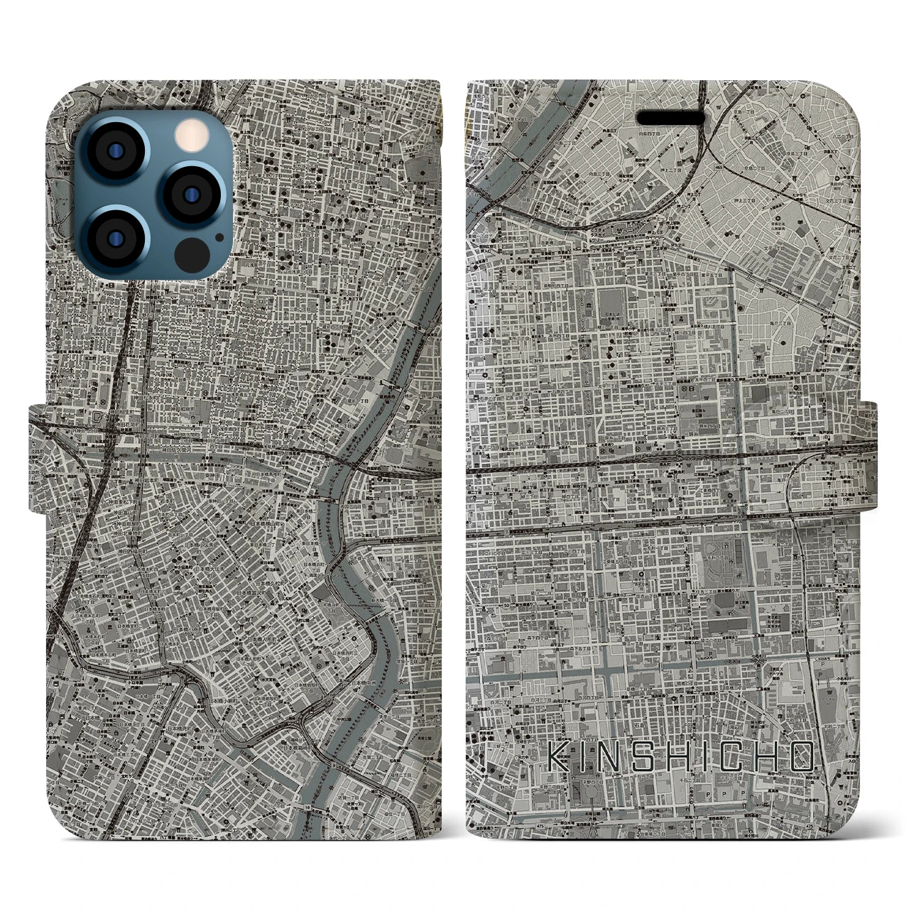 【錦糸町(東京都)】地図柄iPhoneケース(手帳タイプ)モノトーン・iPhone 12 / 12 Pro 用