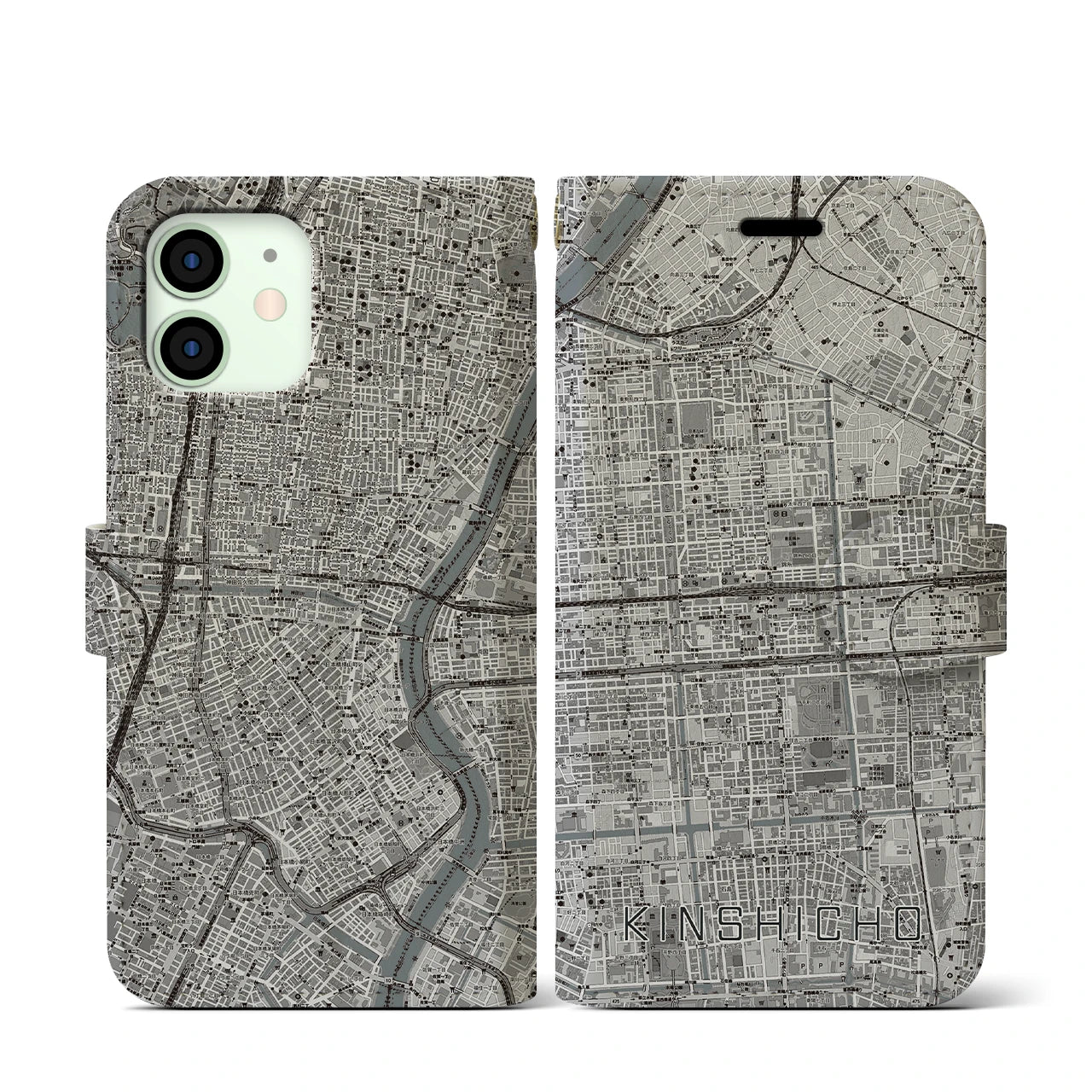 【錦糸町(東京都)】地図柄iPhoneケース(手帳タイプ)モノトーン・iPhone 12 mini 用