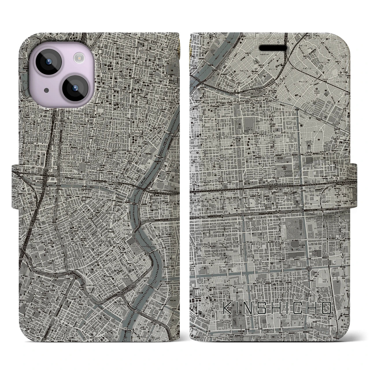 【錦糸町(東京都)】地図柄iPhoneケース(手帳タイプ)モノトーン・iPhone 14 用